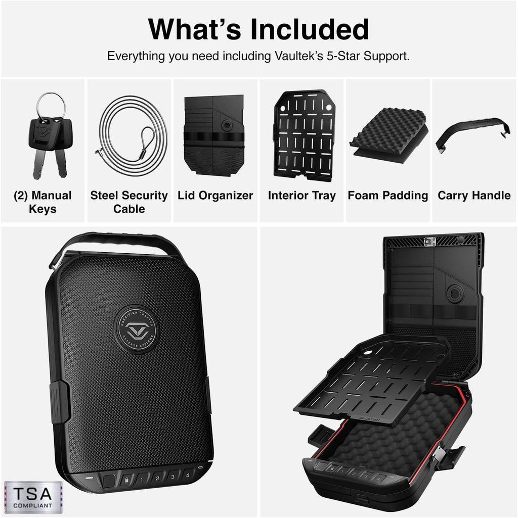 VAULTEK LifePod 20 Full-Size Biometric Lockable Weatherproof Case with Built-in Lock. Steel Security Cable. & TSA Handgun Case or Car Safe. Portable Travel Pistol Safe/Covert Black/Biometric