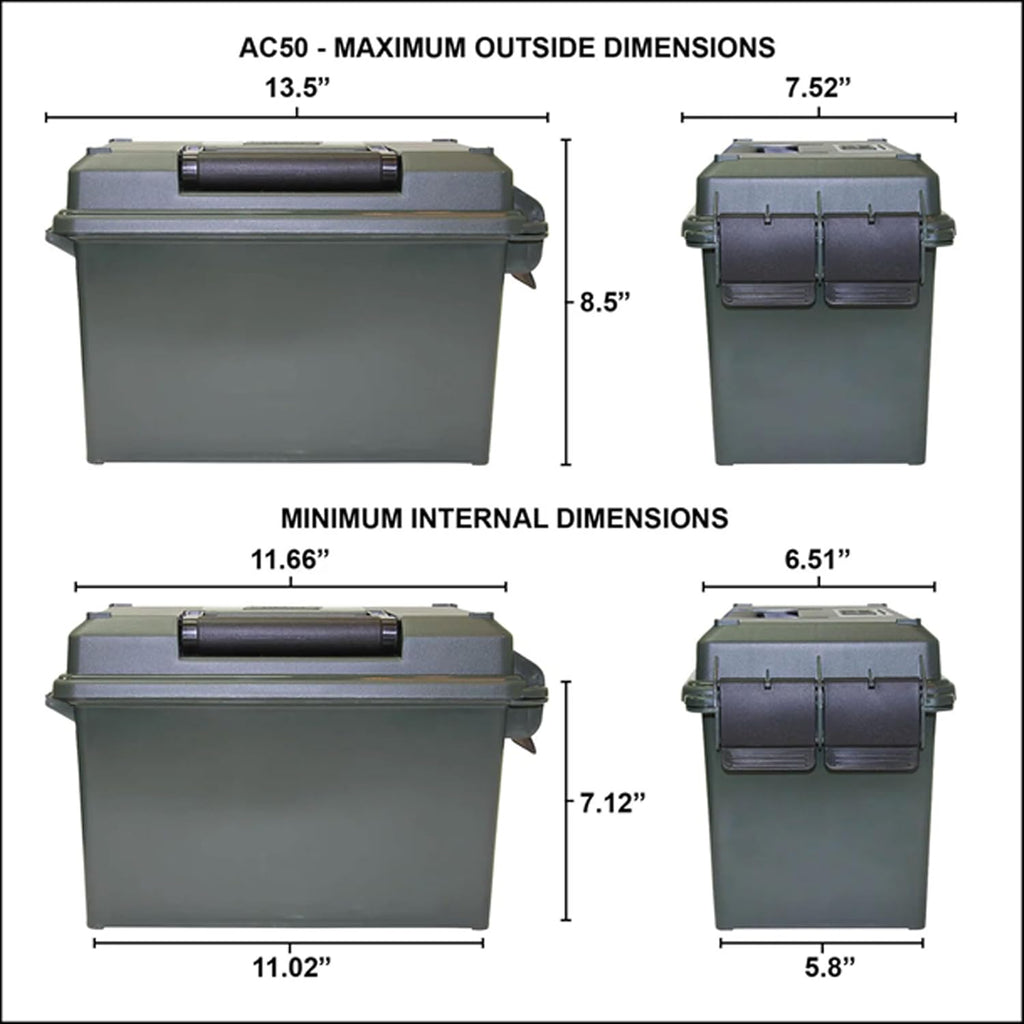 MTM AC50C-40 Ammo Can. 50-Caliber. Heavy-Duty Dual Latching System. Rugged Polypropylene Plastic. O-Ring Seal System. Water Resistant. Bulk Ammo Storage. USA Made. Black
