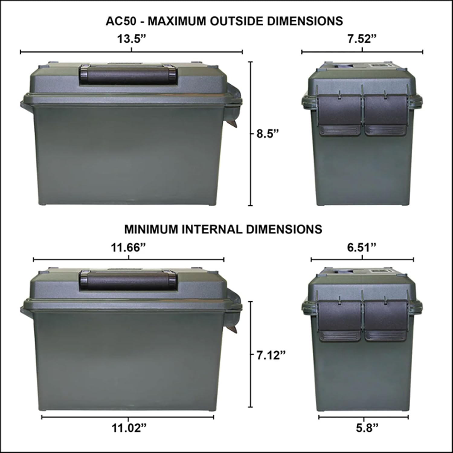 MTM AC50C-40 Ammo Can. 50-Caliber. Heavy-Duty Dual Latching System. Rugged Polypropylene Plastic. O-Ring Seal System. Water Resistant. Bulk Ammo Storage. USA Made. Black