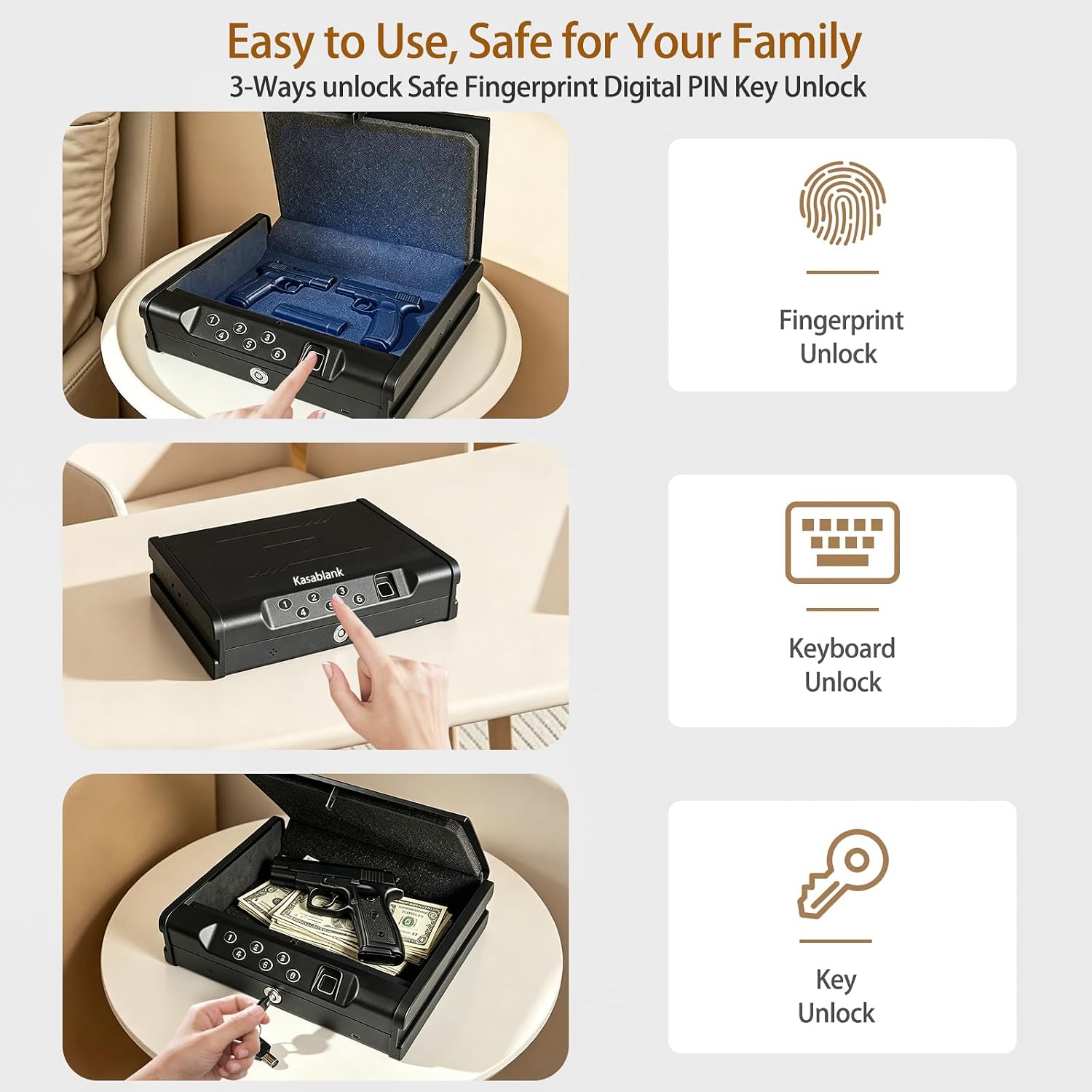 Biometric Fingerprint Handgun Safe. Small Nightstand Gun Lock Box with 3 Access Modes. 0.1s Quick Fingerprint Unlock & Voice Prompt. Heavy Steel Pistol Storage Box for Bedroom Home and Vehicle Use
