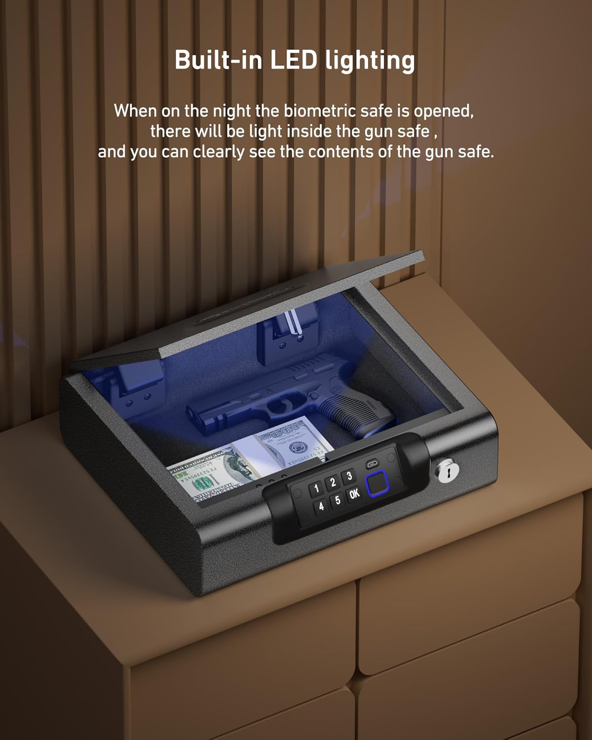 BILLCONCH Gun Safe.Biometric Fingerprint Gun Safe for Handgun Pistol Safes | Fingerprint PIN Key Unlock. Interior Light and USB Charging Lock box with Silent Mode for Bedroom Nightstand