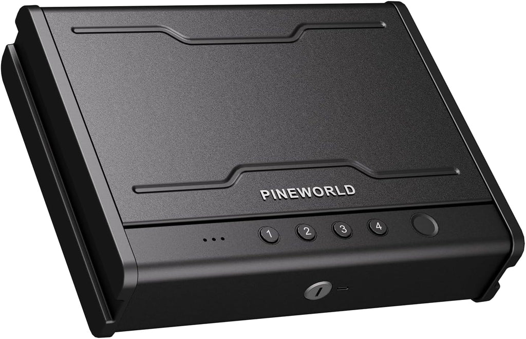 PINEWORLD Biometric Fingerprint Handgun Safe with Raised Backlit Keypad&Key | Interior Light & Emergency Power Supply& Voice Navigation & Mute Mode. With Cable For Home. Nightstand. Car.Travel. Nice Gift