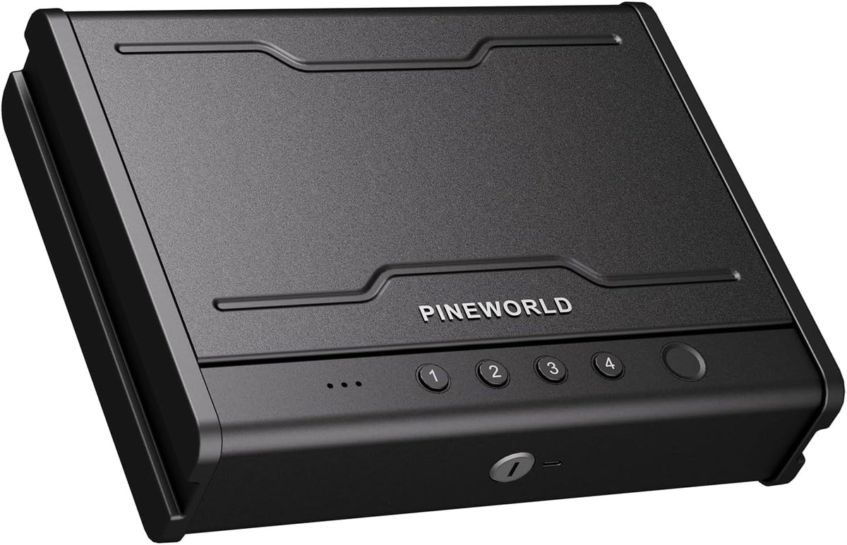 PINEWORLD Biometric Fingerprint Handgun Safe with Raised Backlit Keypad&Key | Interior Light & Emergency Power Supply& Voice Navigation & Mute Mode. With Cable For Home. Nightstand. Car.Travel. Nice Gift