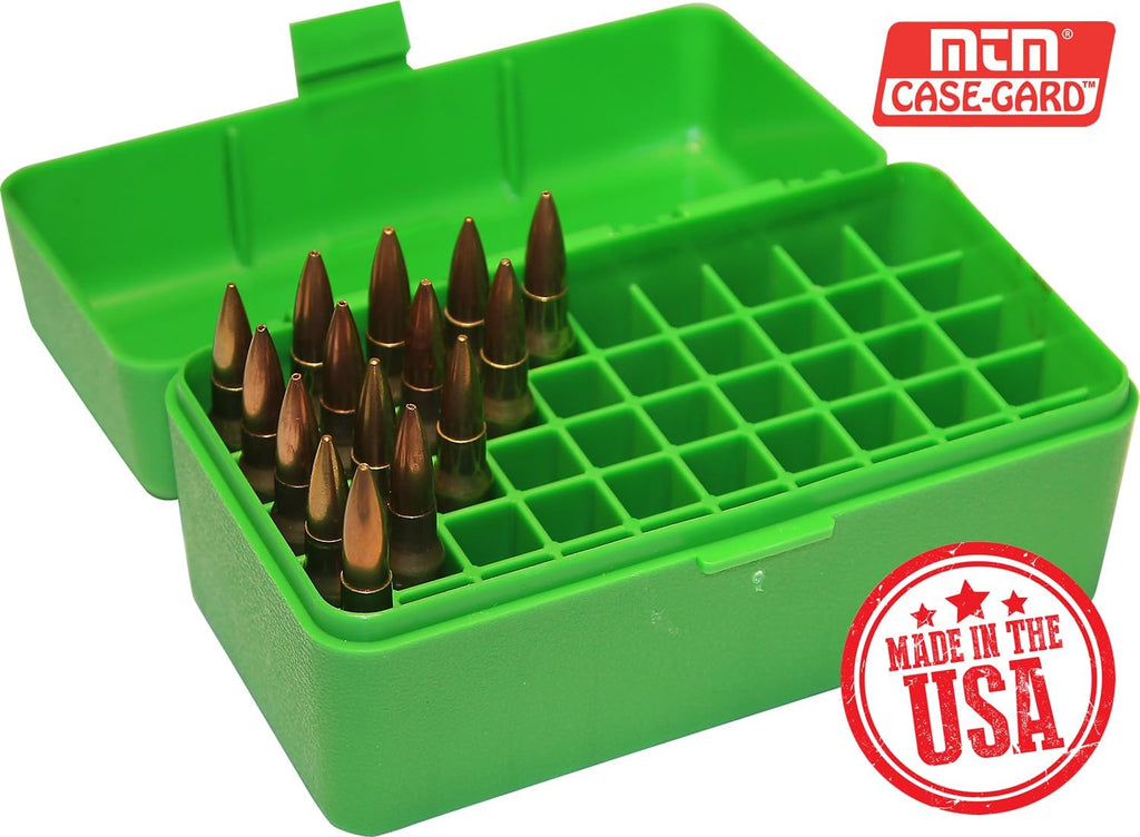 MTM Case-Gard RM-50-10 Flip-Top Rifle Ammo Box. 50 Round. Green | Fits 220 Swift 243 308 Win 6.5 Creedmoor 6.8x51. Includes Load Labels. Durable. Compact. Snap Lock Latch. Stackable. USA Made