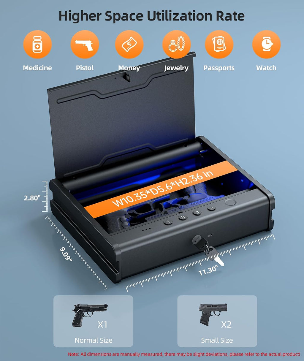 PINEWORLD Biometric Fingerprint Handgun Safe with Raised Backlit Keypad&Key | Interior Light & Emergency Power Supply& Voice Navigation & Mute Mode. With Cable For Home. Nightstand. Car.Travel. Nice Gift