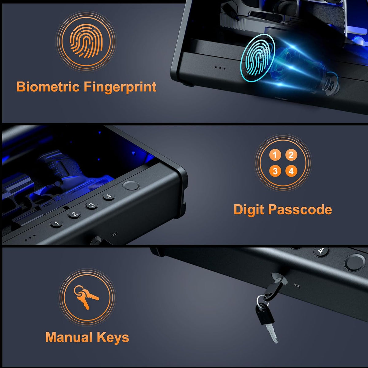 PINEWORLD Biometric Fingerprint Handgun Safe with Raised Backlit Keypad&Key | Interior Light & Emergency Power Supply& Voice Navigation & Mute Mode. With Cable For Home. Nightstand. Car.Travel. Nice Gift