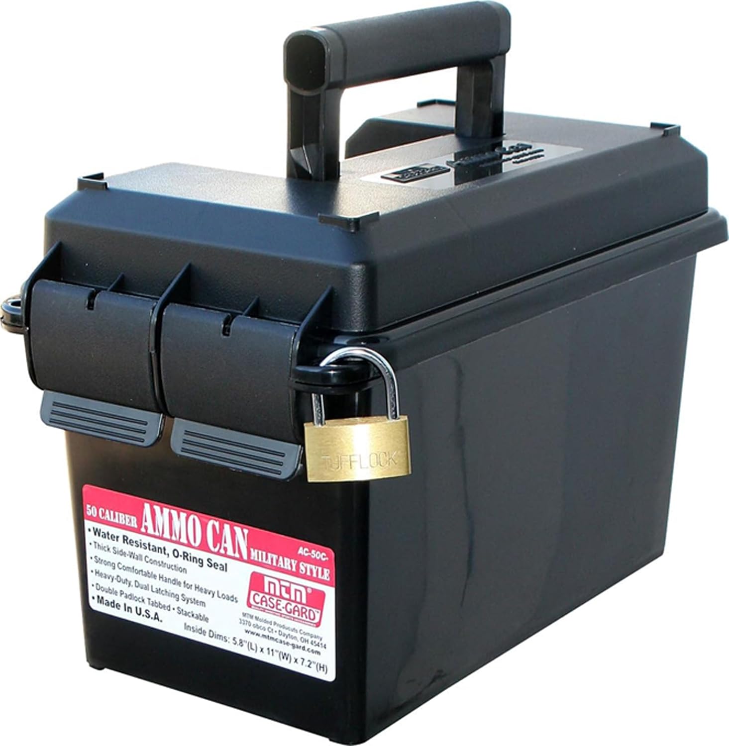 MTM AC50C-40 Ammo Can. 50-Caliber. Heavy-Duty Dual Latching System. Rugged Polypropylene Plastic. O-Ring Seal System. Water Resistant. Bulk Ammo Storage. USA Made. Black