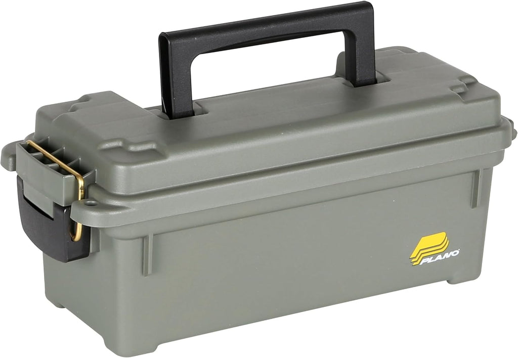 Plano Shot Shell Box. OD Green. Lockable Ammunition Storage Box with Heavy-Duty Carry Handle. Small Plastic Ammo Storage. Water-Resistant Protection. Holds 4 Boxes of Ammo