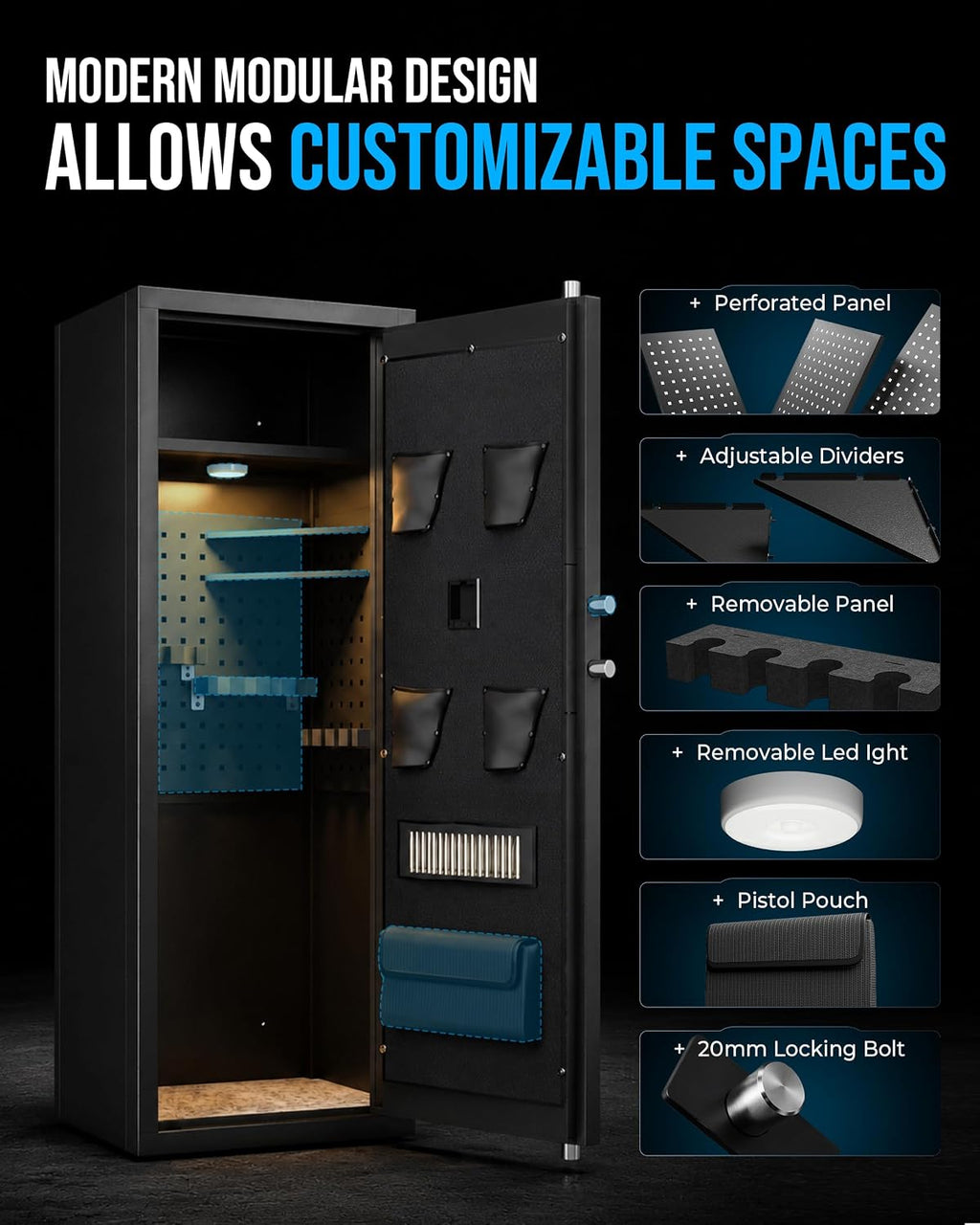 KAER Biometric Gun Safe for Rifles and Pistols. 12-15 Rifle Safe Quick Access (Fits Scoped Rifles) with 24/7 Burglar Alarm. Adjustable Shelves & Pistol Pockets. Gun Cabinet for Home. Office
