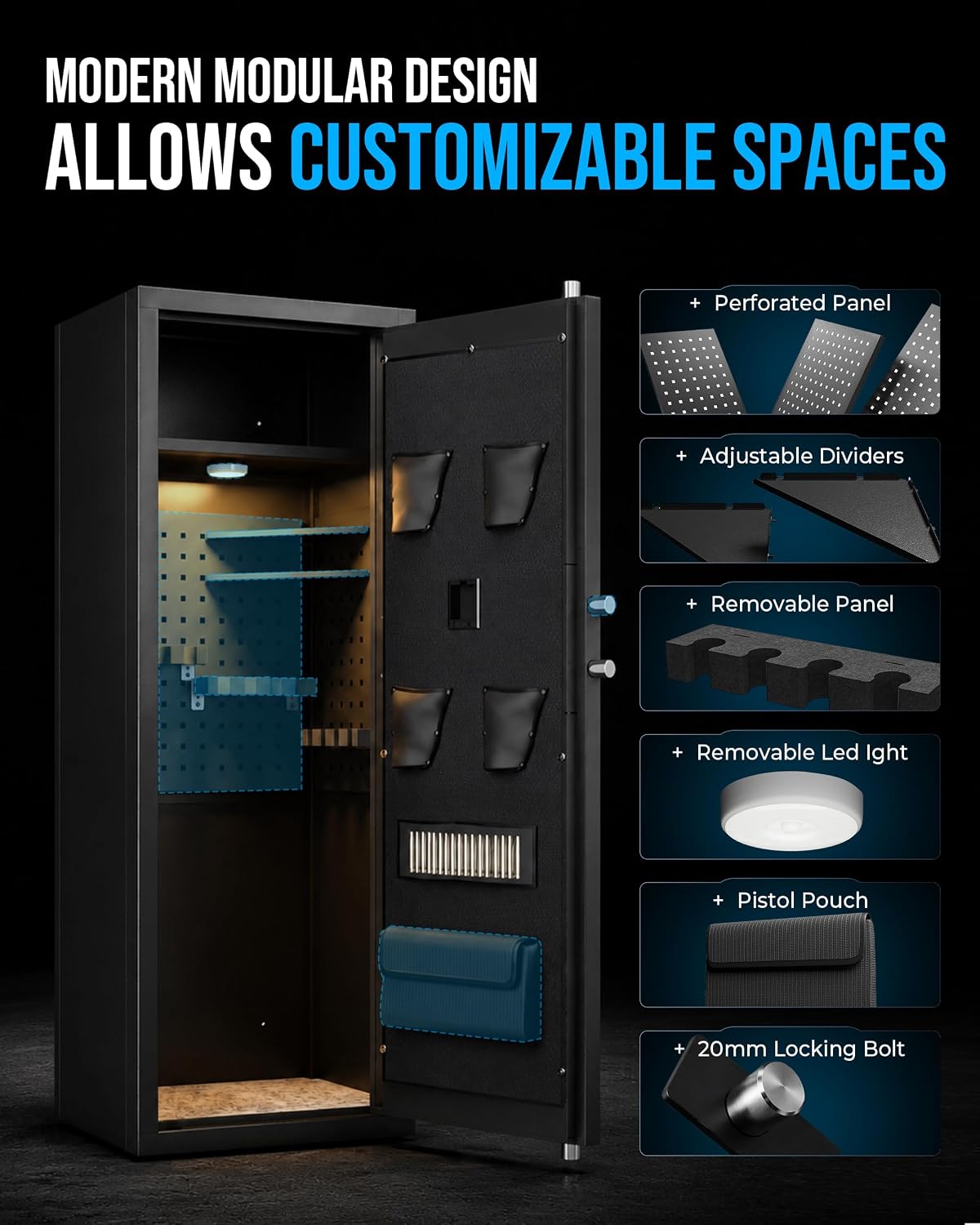 KAER Biometric Gun Safe for Rifles and Pistols. 12-15 Rifle Safe Quick Access (Fits Scoped Rifles) with 24/7 Burglar Alarm. Adjustable Shelves & Pistol Pockets. Gun Cabinet for Home. Office