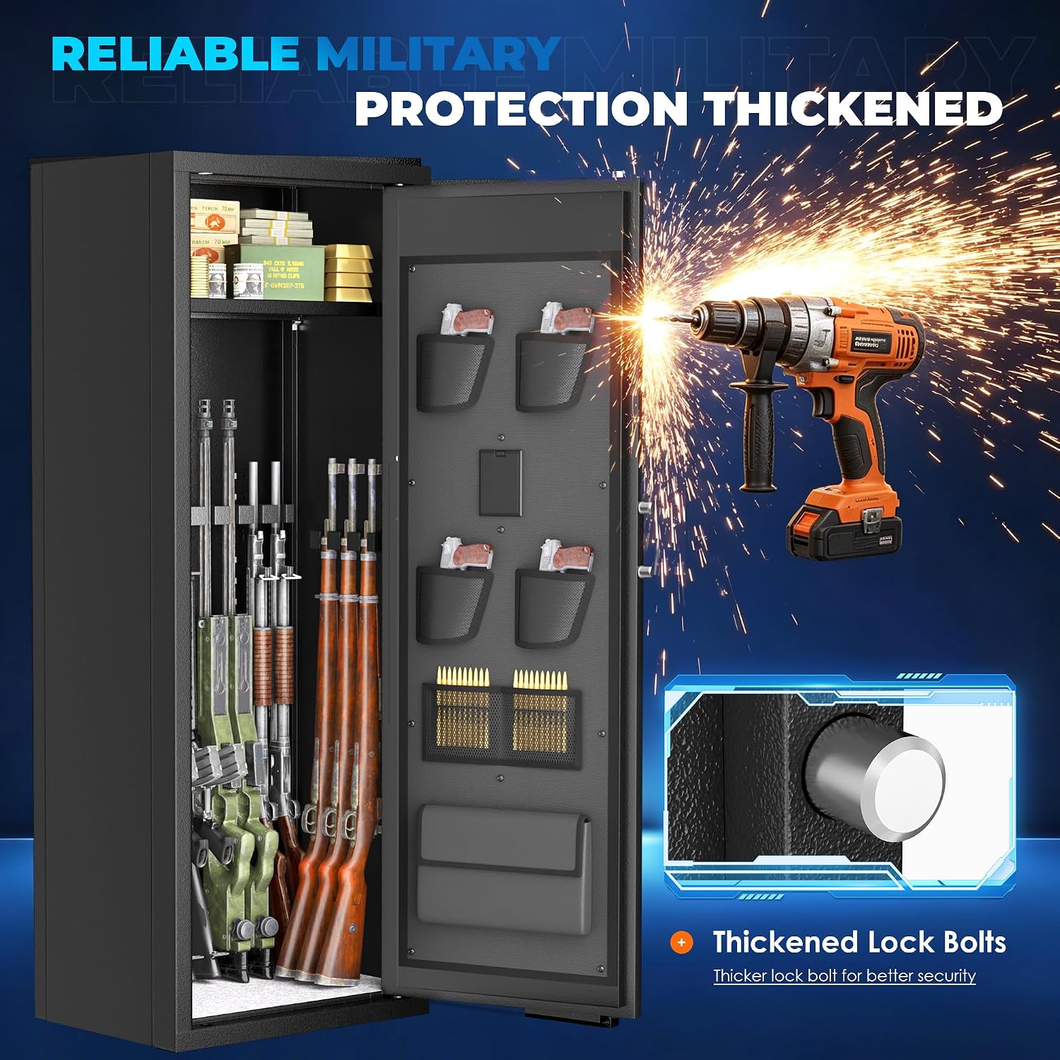 INTERGREAT 12-15 Gun Safe. Large Gun Safe for Rifles and Pistols. Quick Access Rifle Safe with 3 Removable Gun Racks and 4 Pistol Pockets. Digital Gun Cabinet with Dual Alarm and Sleep Mode