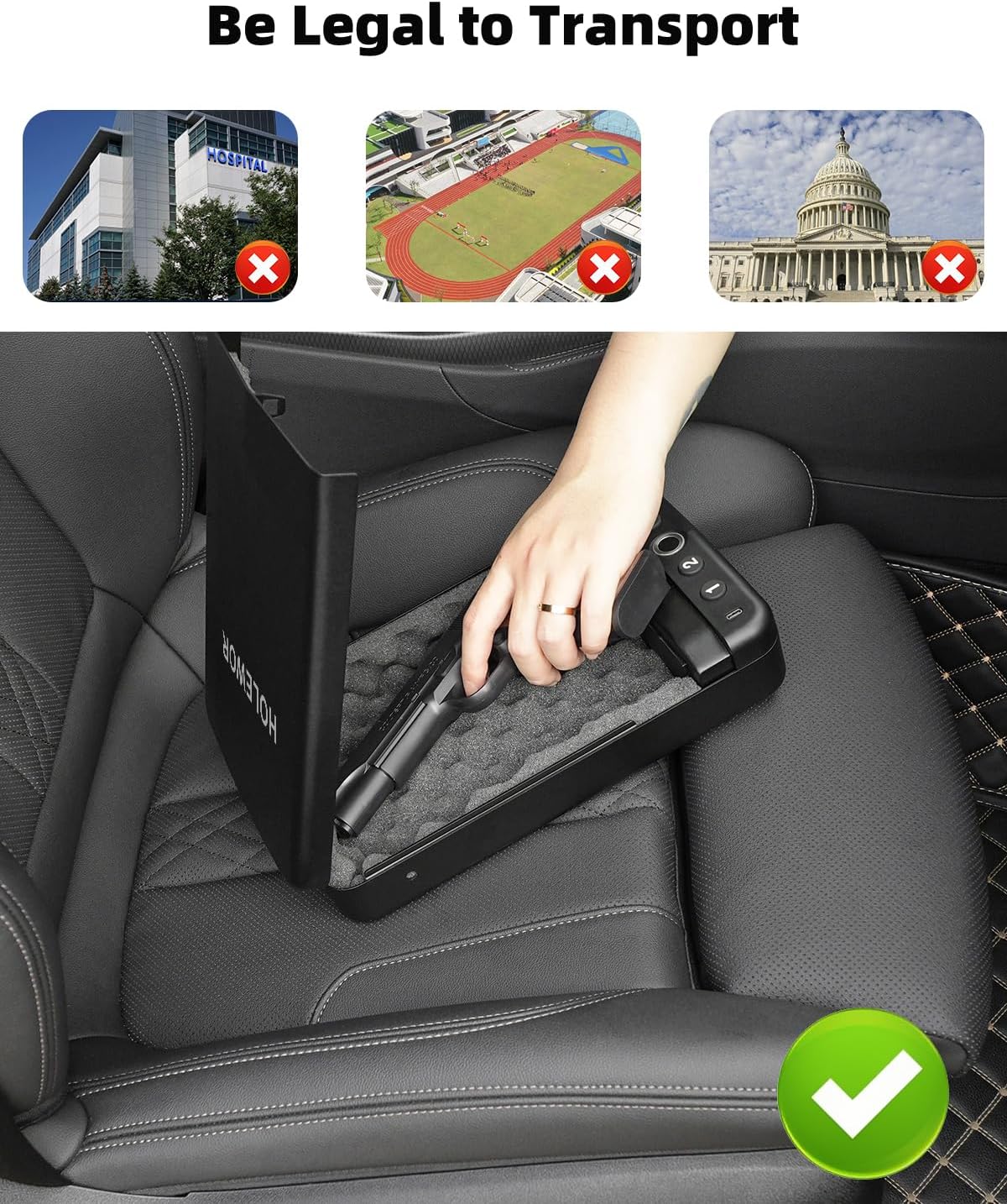 Car Gun Safe Small Portable Biometric Handgun Lock Box for Travel | 3 Ways Quick Access Fingerprint Compact Single Carrying Pistol Case for Vehicles Under Seat with Emergency USB C Power Supply