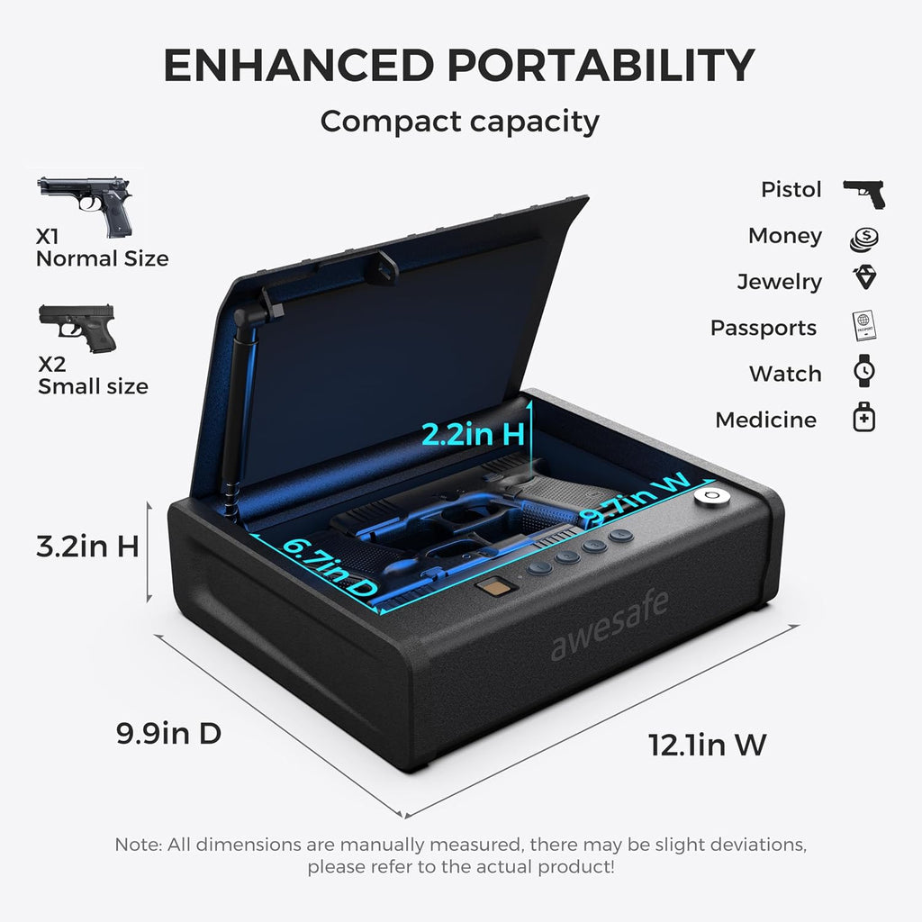 awesafe Biometric Gun Safe. Pistol Safe with Fingerprint Digital PIN Key | Quick Access Handgun Safe. Portable Car Gun Safe. Gun Lock Box with Gas Strut for Nightstand Bedside Cloakroom Living Room