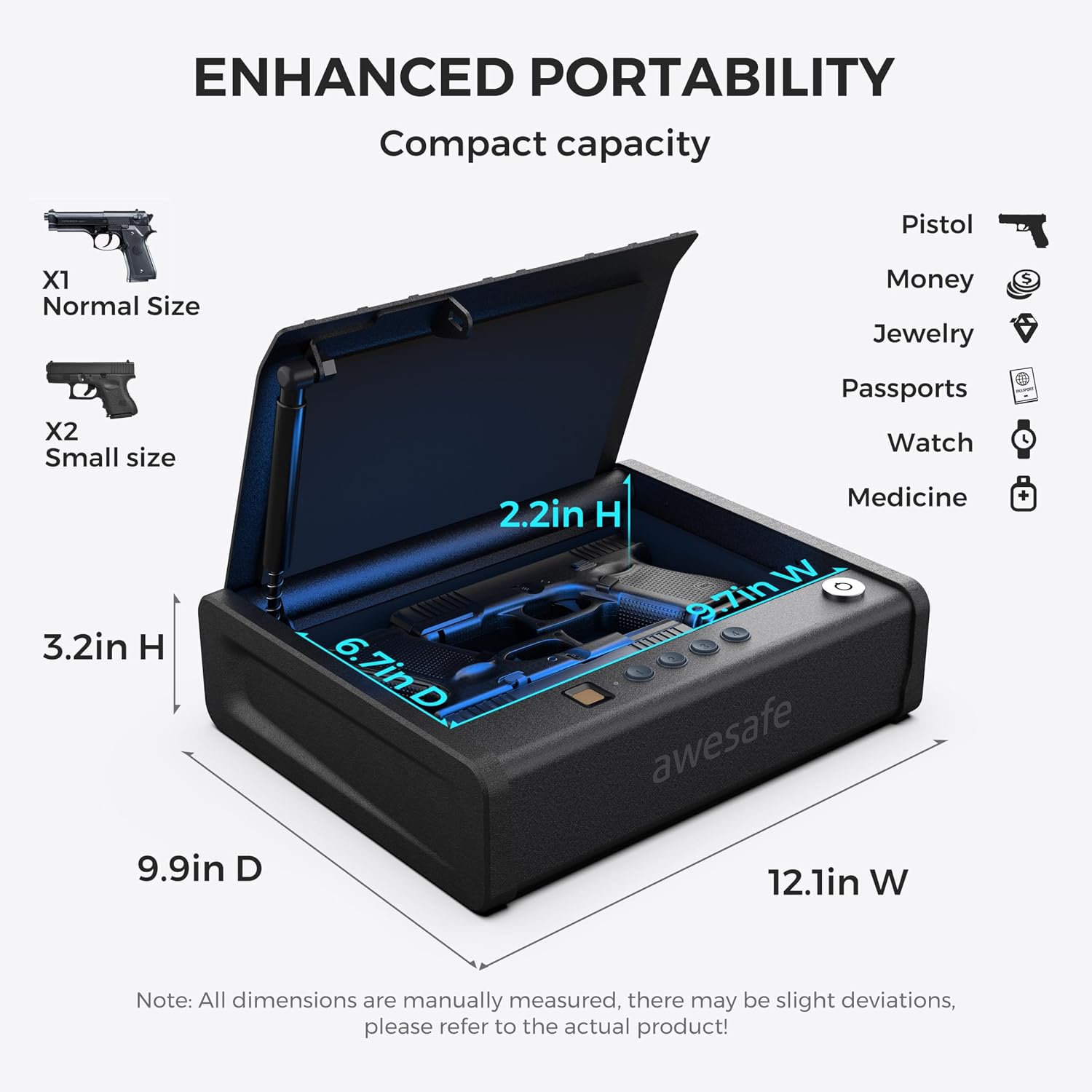 awesafe Biometric Gun Safe. Pistol Safe with Fingerprint Digital PIN Key | Quick Access Handgun Safe. Portable Car Gun Safe. Gun Lock Box with Gas Strut for Nightstand Bedside Cloakroom Living Room