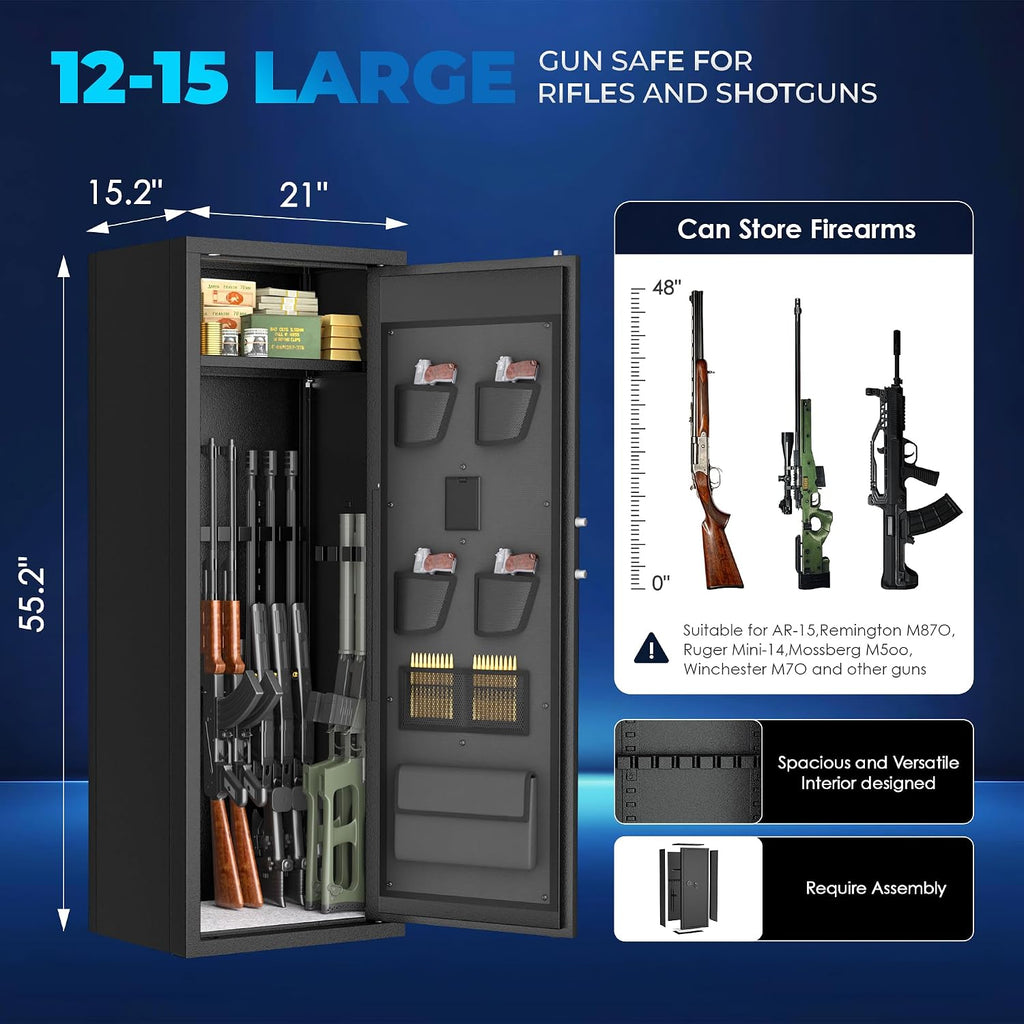 INTERGREAT 12-15 Gun Safe. Large Gun Safe for Rifles and Pistols. Quick Access Rifle Safe with 3 Removable Gun Racks and 4 Pistol Pockets. Digital Gun Cabinet with Dual Alarm and Sleep Mode