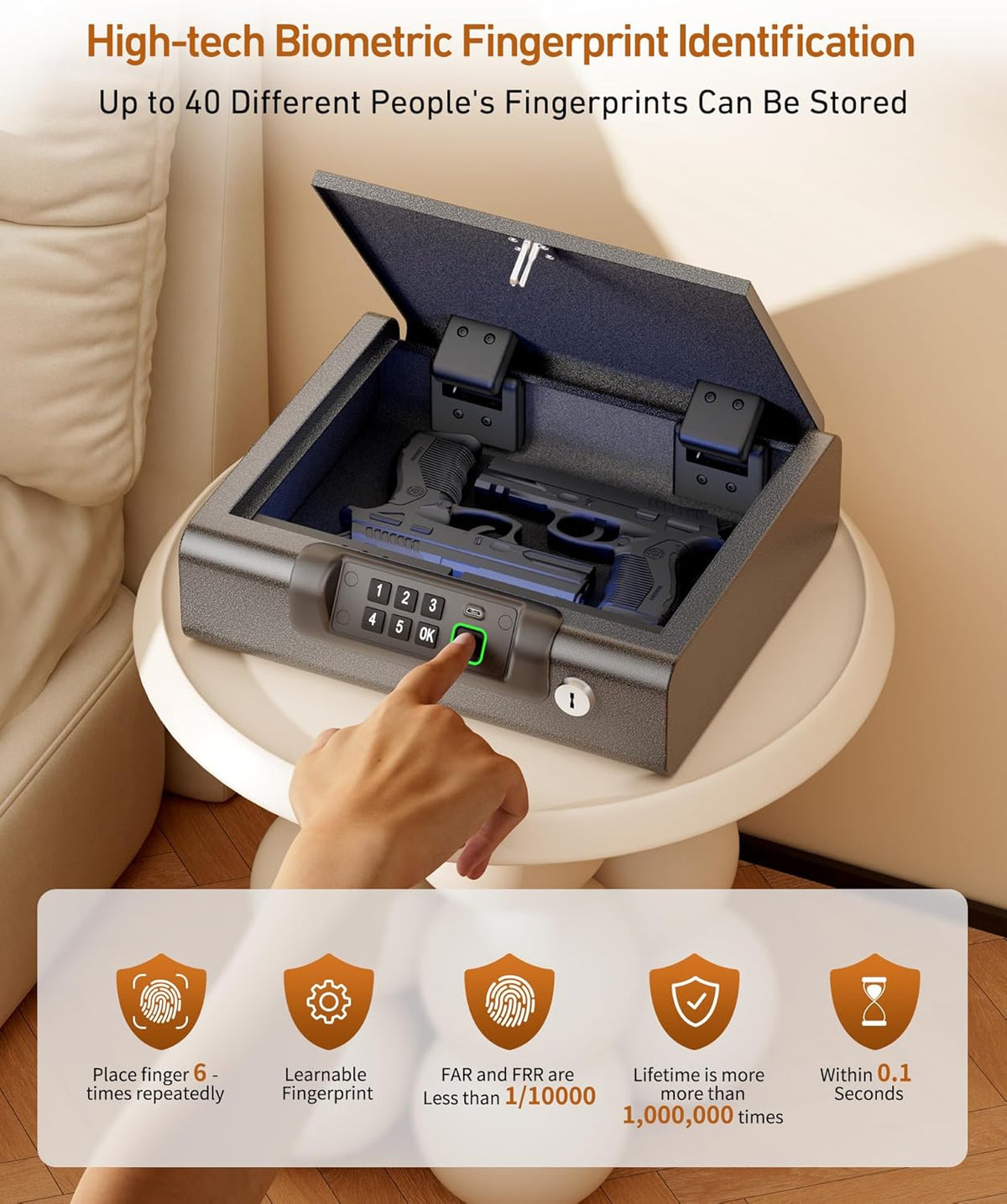 BILLCONCH Gun Safe.Biometric Fingerprint Gun Safe for Handgun Pistol Safes | Fingerprint PIN Key Unlock. Interior Light and USB Charging Lock box with Silent Mode for Bedroom Nightstand