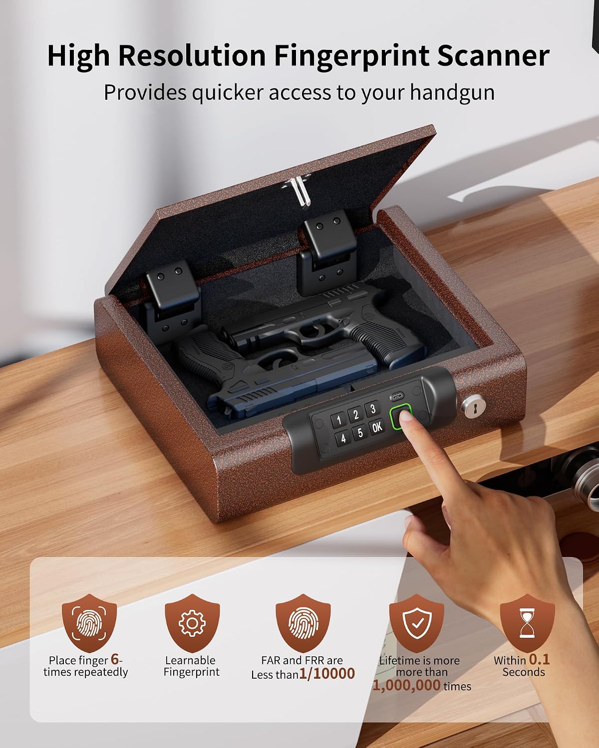 BILLCONCH Gun Safe.Biometric Fingerprint Gun Safe for Handgun Pistol Safes | Fingerprint PIN Key Unlock. Interior Light and USB Charging Lock box with Silent Mode for Bedroom Nightstand