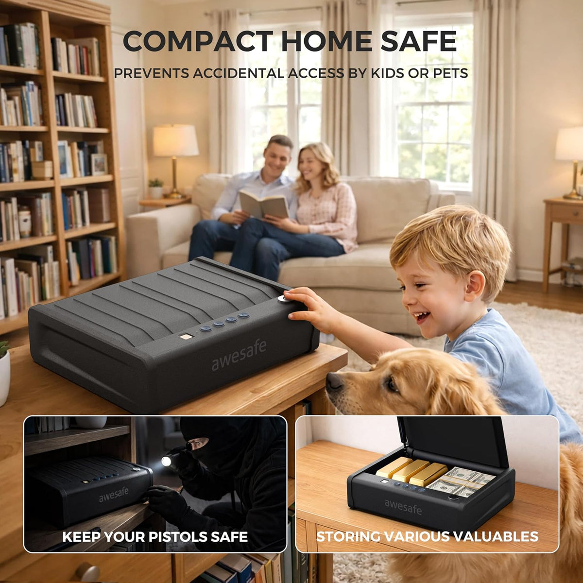 awesafe Biometric Gun Safe. Pistol Safe with Fingerprint Digital PIN Key | Quick Access Handgun Safe. Portable Car Gun Safe. Gun Lock Box with Gas Strut for Nightstand Bedside Cloakroom Living Room
