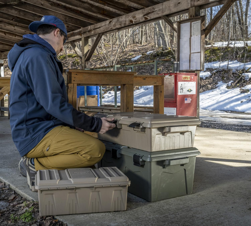 MTM ACDC50. Divided Ammo Crate Utility Box. Water Resistant. Ammo Storage Box. Lockable Storage Keeping Ammo Safe. Survival or Hunting Gear. Made in USA. Dark Earth