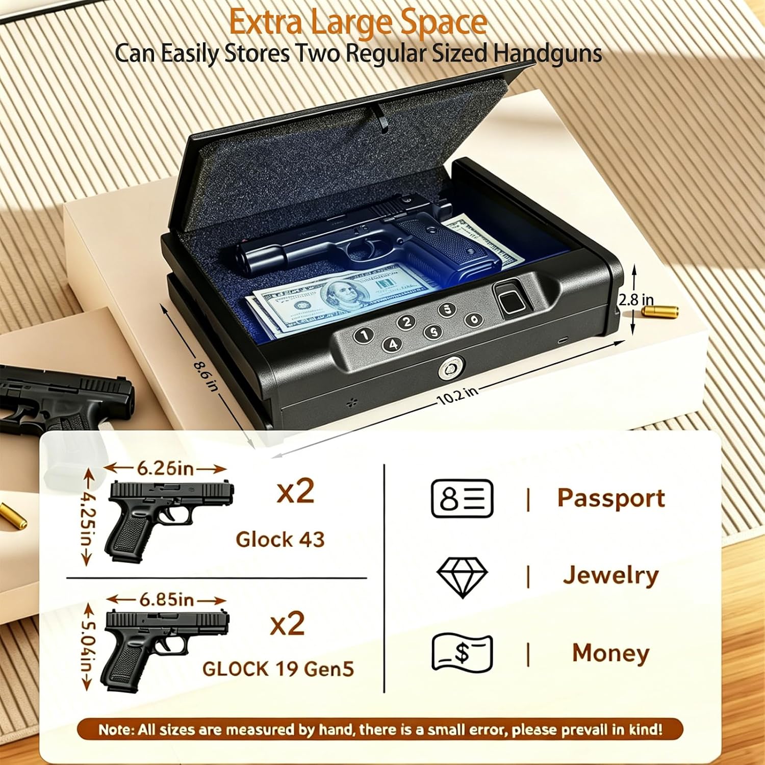 Biometric Fingerprint Handgun Safe. Small Nightstand Gun Lock Box with 3 Access Modes. 0.1s Quick Fingerprint Unlock & Voice Prompt. Heavy Steel Pistol Storage Box for Bedroom Home and Vehicle Use