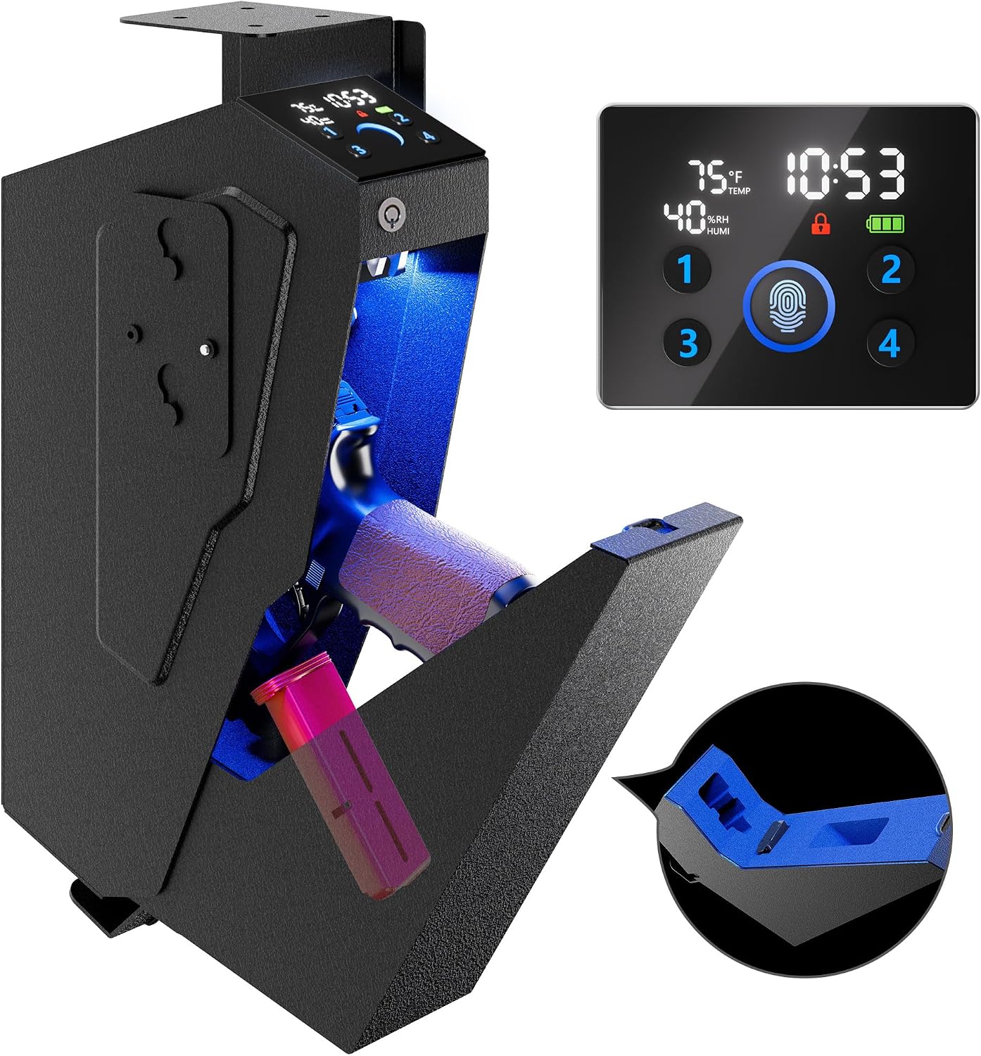 KornerBatl Quick Access Biometric Bedside Gun Safe for handgun | 2 in 1 Mounted Drop Down Nightstand Pistol Safe with Fingerprint & Passcode & Key 3 Ways. Birthday Gifts for Men