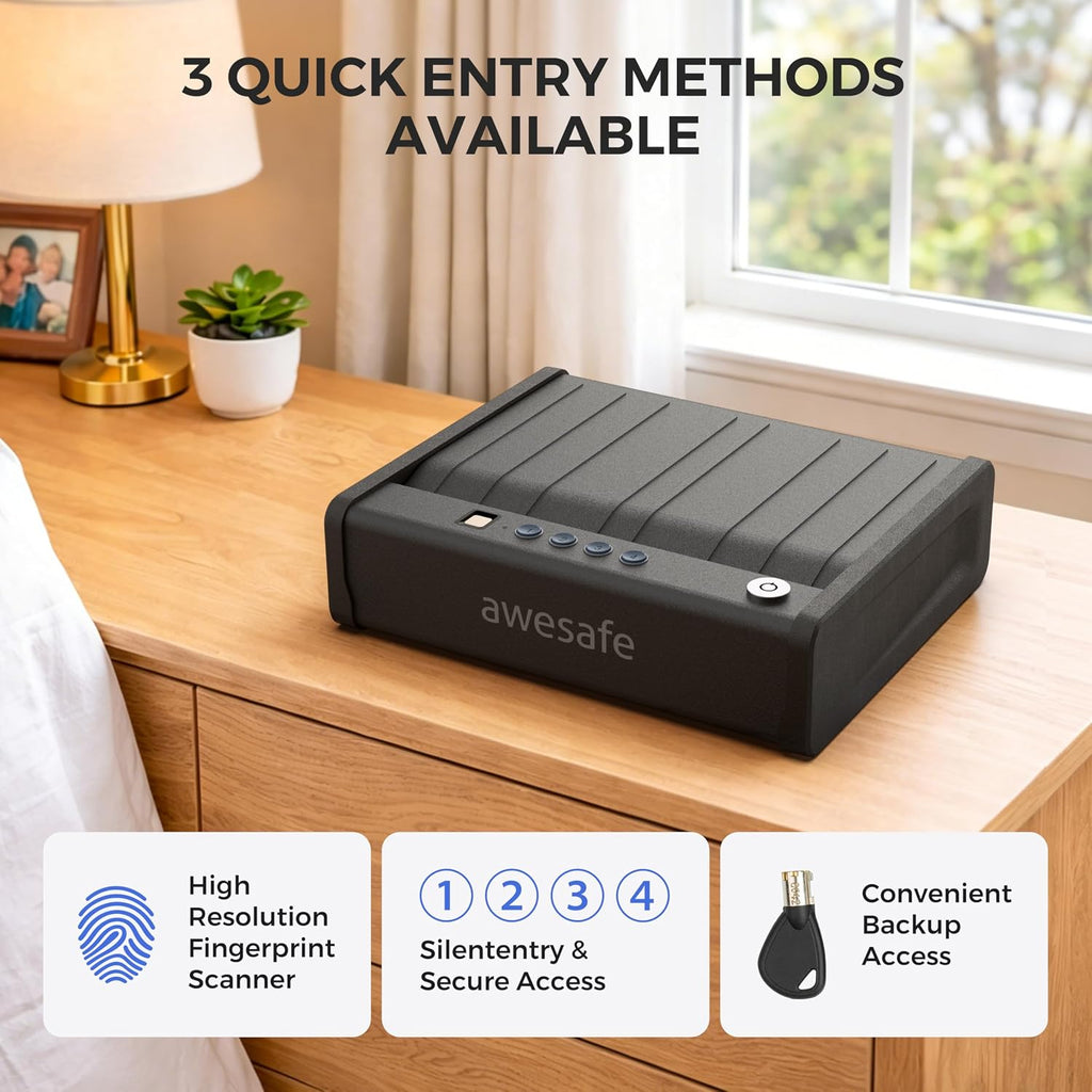 awesafe Biometric Gun Safe. Pistol Safe with Fingerprint Digital PIN Key | Quick Access Handgun Safe. Portable Car Gun Safe. Gun Lock Box with Gas Strut for Nightstand Bedside Cloakroom Living Room