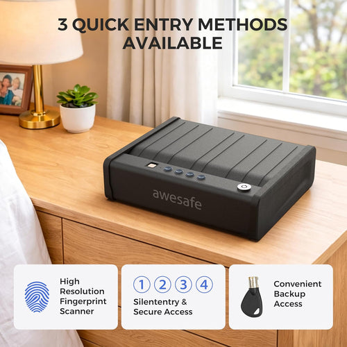 awesafe Biometric Gun Safe. Pistol Safe with Fingerprint Digital PIN Key | Quick Access Handgun Safe. Portable Car Gun Safe. Gun Lock Box with Gas Strut for Nightstand Bedside Cloakroom Living Room