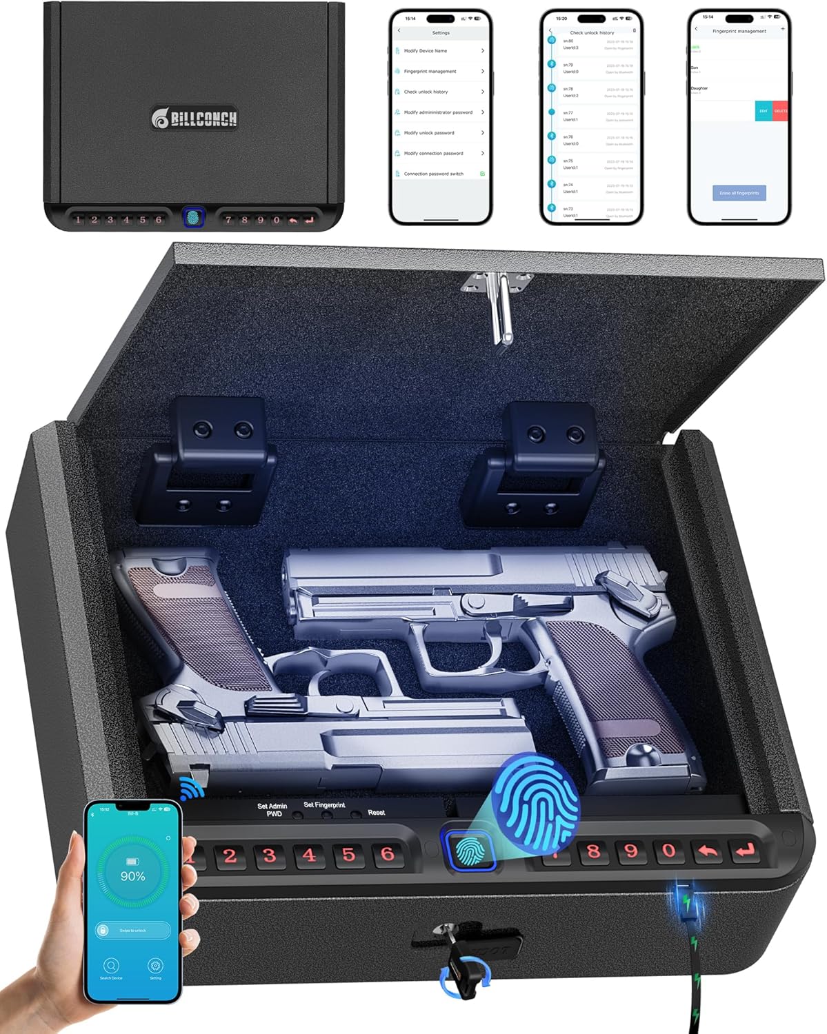 BILLCONCH Gun Safe for Handgun with Fingerprint. App. 0–9 Numeric Keypad | Smart Pistol Safe with 4 Quick-Access Methods. Built-in LED Light. Ideal Steel Biometric Handgun Safe for Nightstand and Home
