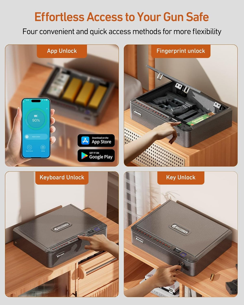 BILLCONCH Smart Gun Safe with Fingerprint. App. Keypad.LCD& Security Cable | Steel Handgun Safe with 4 Quick-Access Methods. Voice Guidance. Built-in LED Light. Ideal for Nightstand. Bedside and Home