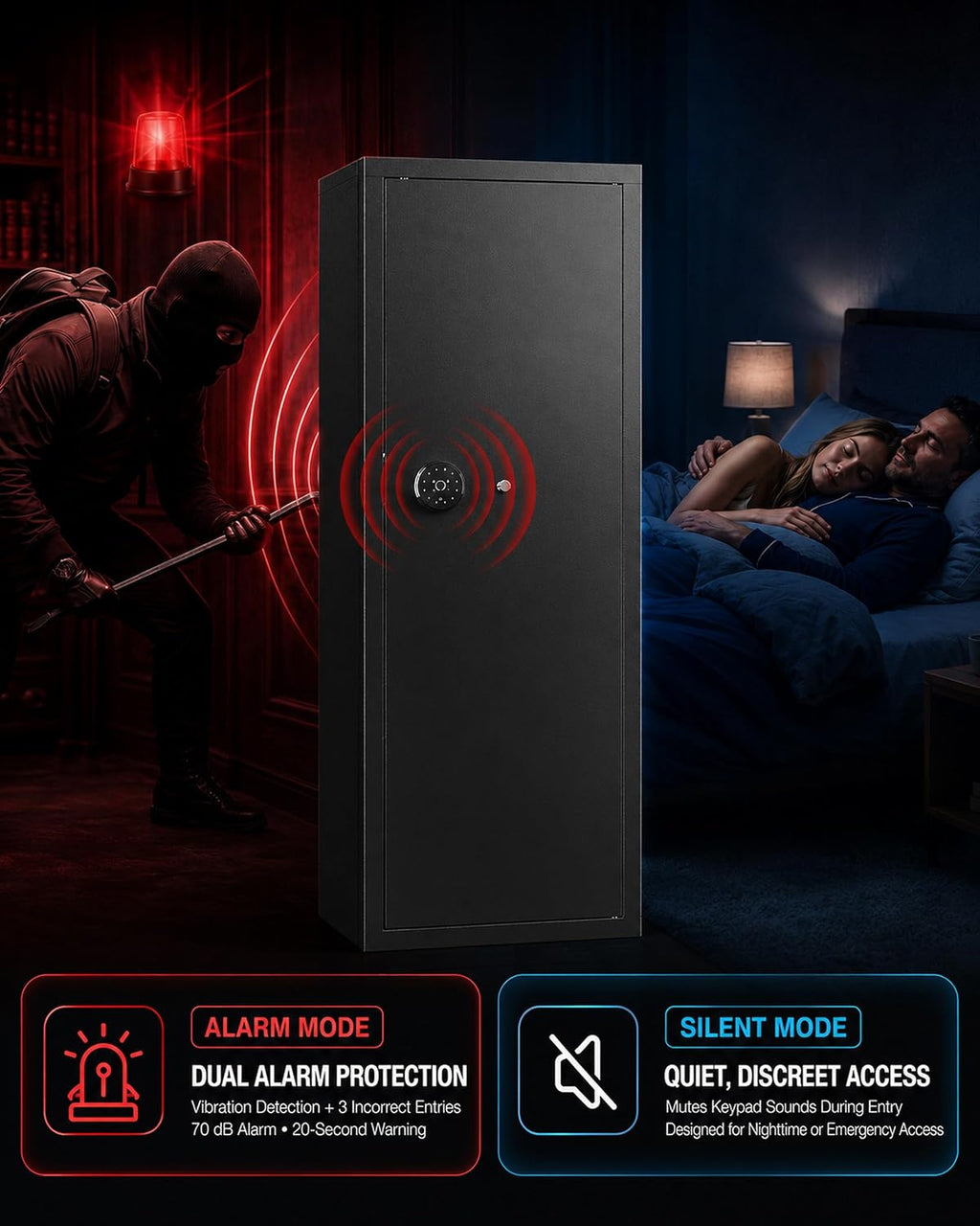 KAER Biometric Gun Safe for Rifles and Pistols. 12-15 Rifle Safe Quick Access (Fits Scoped Rifles) with 24/7 Burglar Alarm. Adjustable Shelves & Pistol Pockets. Gun Cabinet for Home. Office