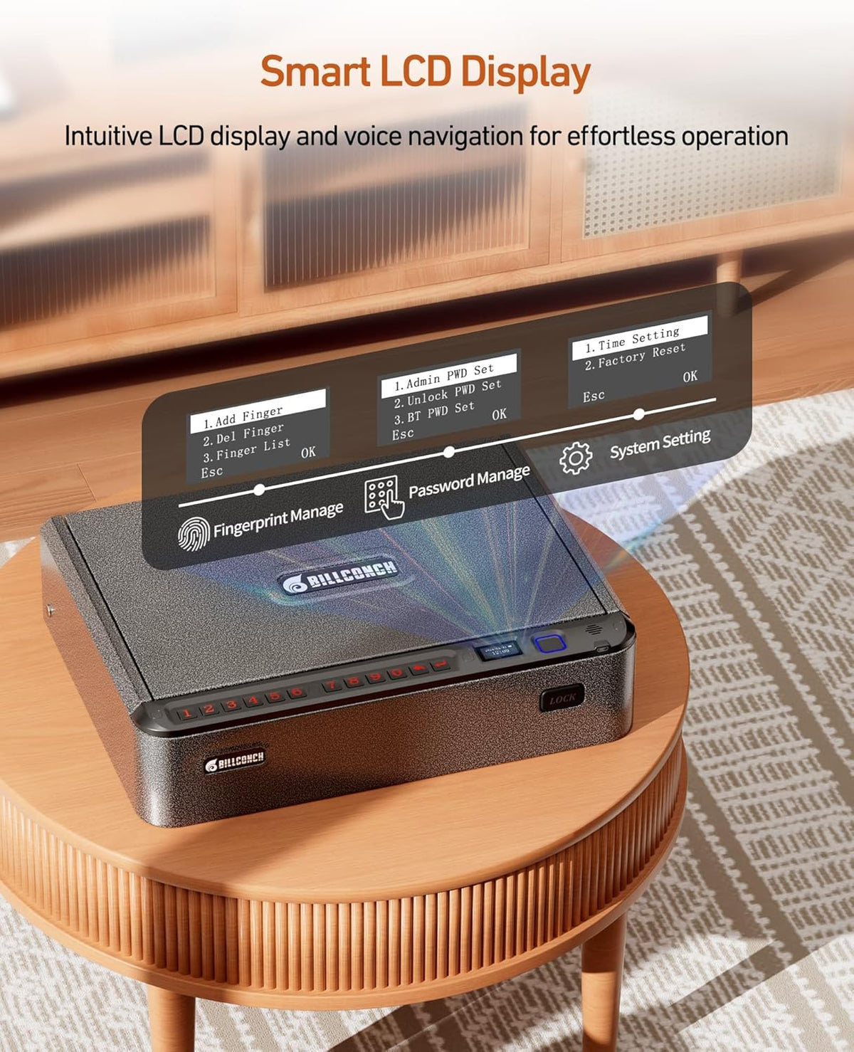 BILLCONCH Smart Gun Safe with Fingerprint. App. Keypad.LCD& Security Cable | Steel Handgun Safe with 4 Quick-Access Methods. Voice Guidance. Built-in LED Light. Ideal for Nightstand. Bedside and Home