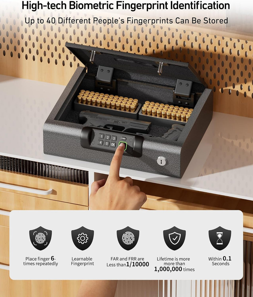 BILLCONCH Large Gun Safe Biometric Fingerprint Handgun Pistol Safes | Fingerprint PIN Key Unlock. Interior Light and USB Charging Lock box with Silent Mode for Bedroom Nightstand