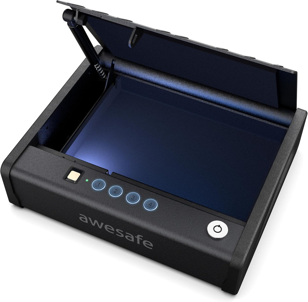 awesafe Biometric Gun Safe. Pistol Safe with Fingerprint Digital PIN Key | Quick Access Handgun Safe. Portable Car Gun Safe. Gun Lock Box with Gas Strut for Nightstand Bedside Cloakroom Living Room