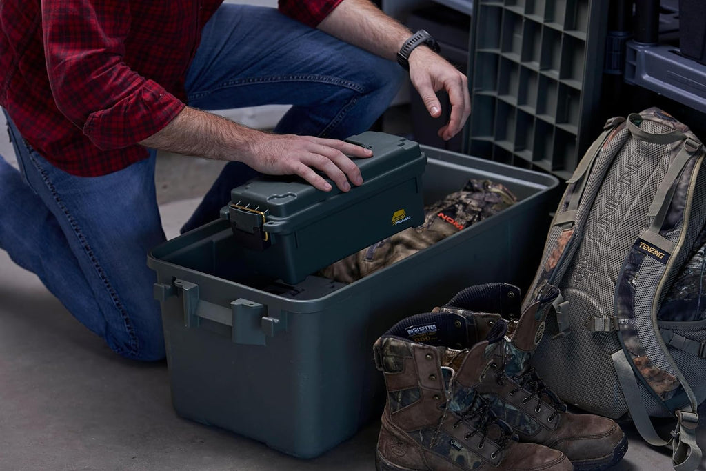 Plano Shot Shell Box. OD Green. Lockable Ammunition Storage Box with Heavy-Duty Carry Handle. Small Plastic Ammo Storage. Water-Resistant Protection. Holds 4 Boxes of Ammo
