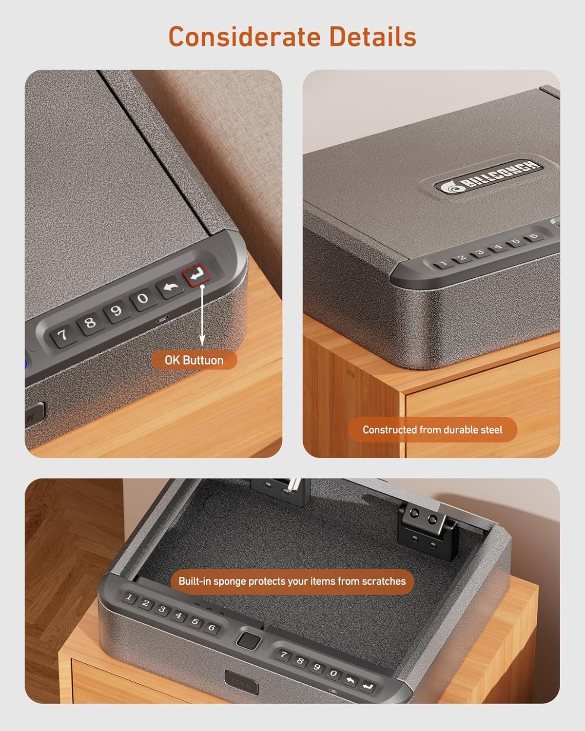 BILLCONCH Gun Safe for Handgun with Fingerprint. App. 0–9 Numeric Keypad | Smart Pistol Safe with 4 Quick-Access Methods. Built-in LED Light. Ideal Steel Biometric Handgun Safe for Nightstand and Home