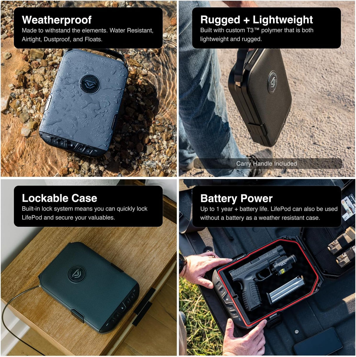 VAULTEK LifePod 20 Full-Size Biometric Lockable Weatherproof Case with Built-in Lock. Steel Security Cable. & TSA Handgun Case or Car Safe. Portable Travel Pistol Safe/Covert Black/Biometric