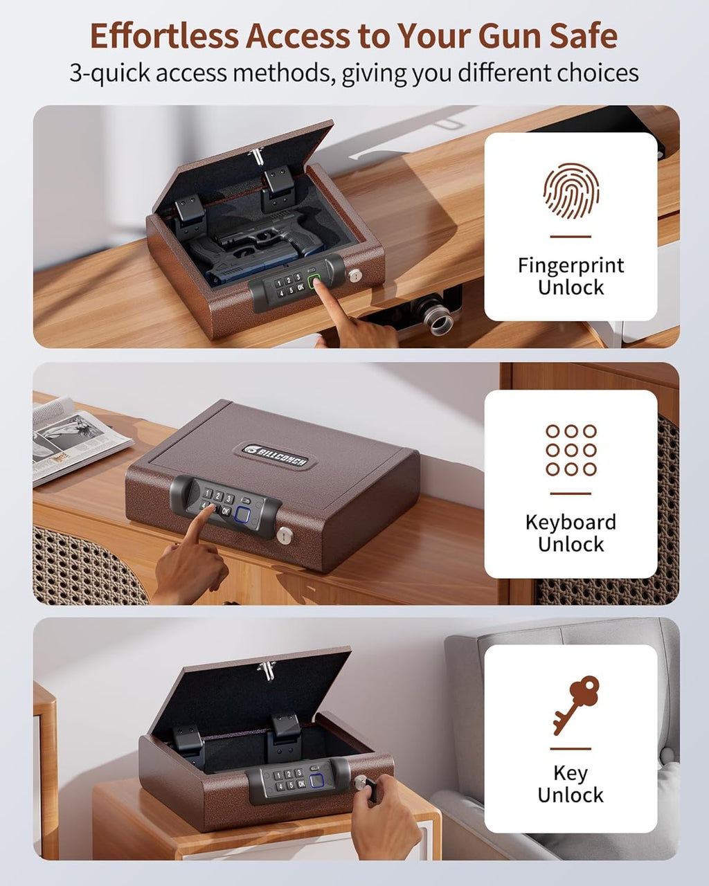 BILLCONCH Gun Safe.Biometric Fingerprint Gun Safe for Handgun Pistol Safes | Fingerprint PIN Key Unlock. Interior Light and USB Charging Lock box with Silent Mode for Bedroom Nightstand