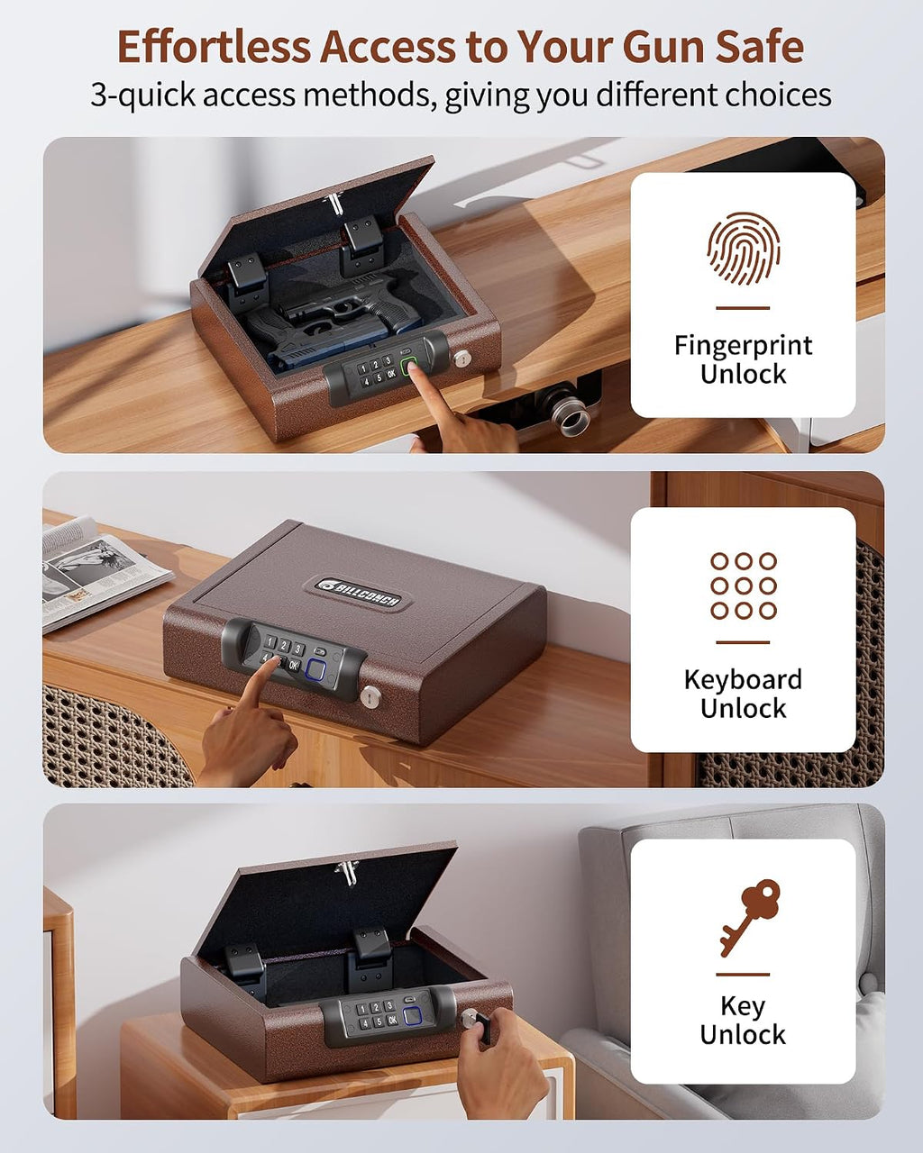 BILLCONCH Gun Safe.Biometric Fingerprint Gun Safe for Handgun Pistol Safes | Fingerprint PIN Key Unlock. Interior Light and USB Charging Lock box with Silent Mode for Bedroom Nightstand