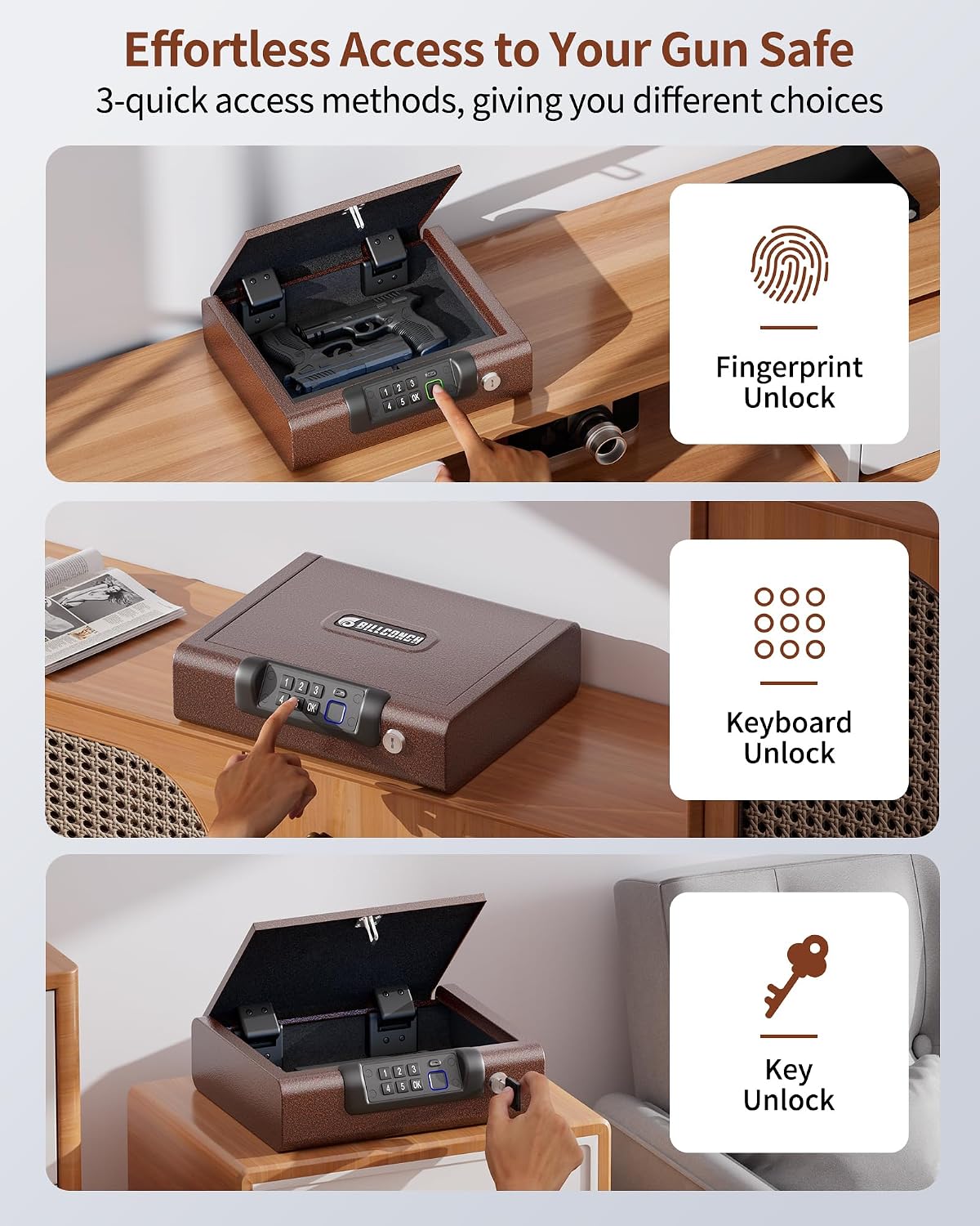 BILLCONCH Gun Safe.Biometric Fingerprint Gun Safe for Handgun Pistol Safes | Fingerprint PIN Key Unlock. Interior Light and USB Charging Lock box with Silent Mode for Bedroom Nightstand