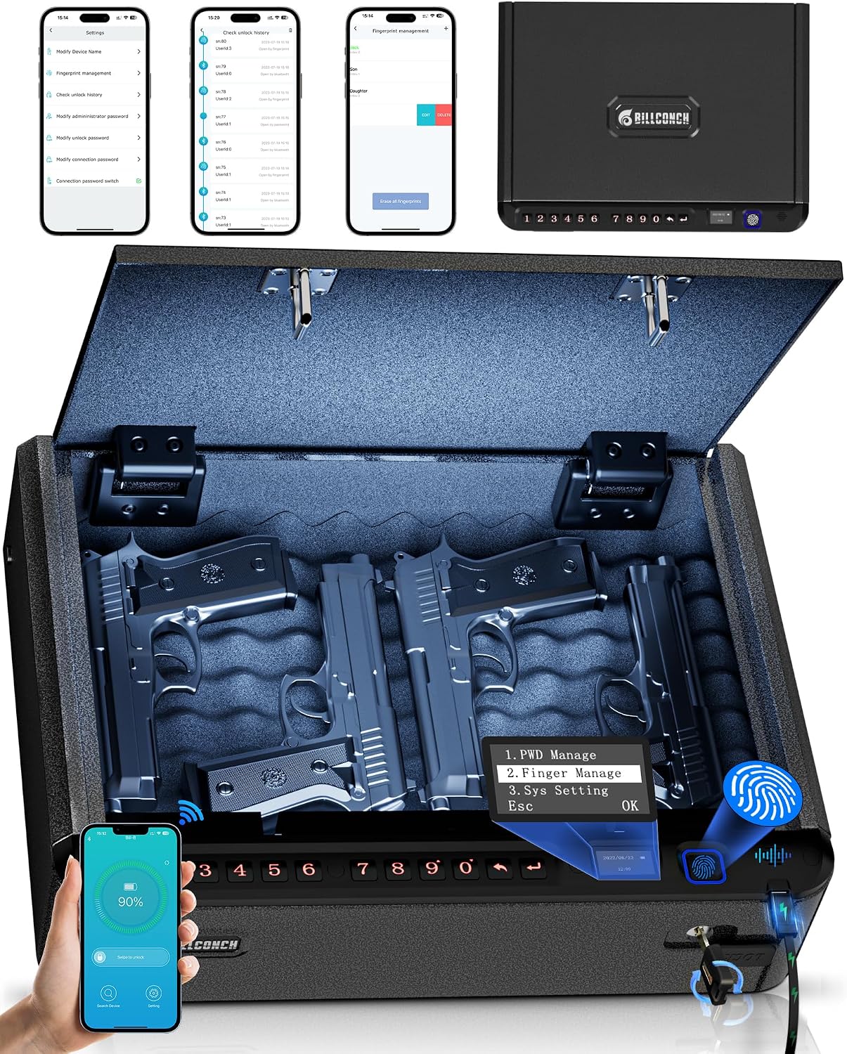 BILLCONCH Smart Gun Safe with Fingerprint. App. Keypad.LCD& Security Cable | Steel Handgun Safe with 4 Quick-Access Methods. Voice Guidance. Built-in LED Light. Ideal for Nightstand. Bedside and Home