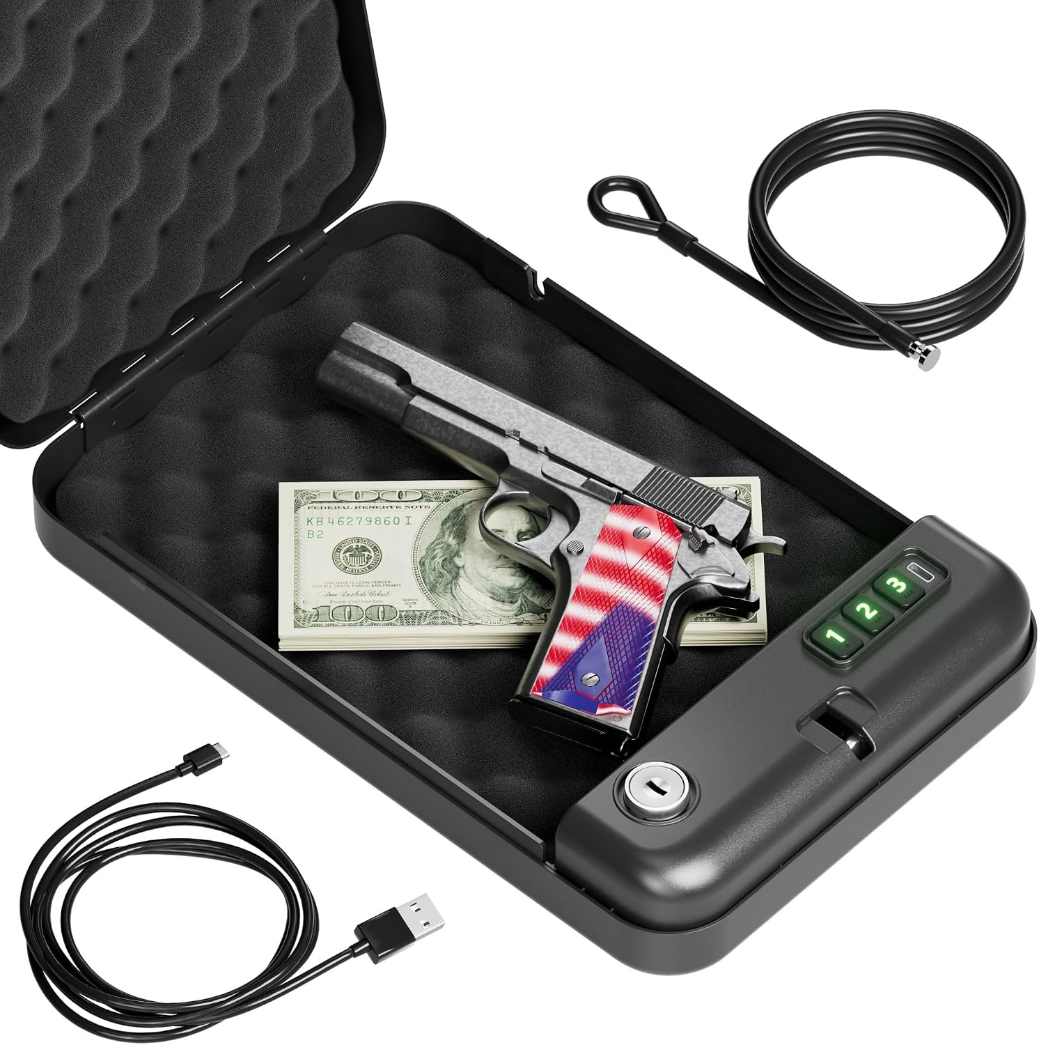 Grimtron Portable Electronic Car Gun Safe for Handgun with Security Cable | Small Gun Lock Box with Silent Mode & Emergency USB Power Supply. Single Pistol Safe for Travel. Vehicle. Truck. Nightstand