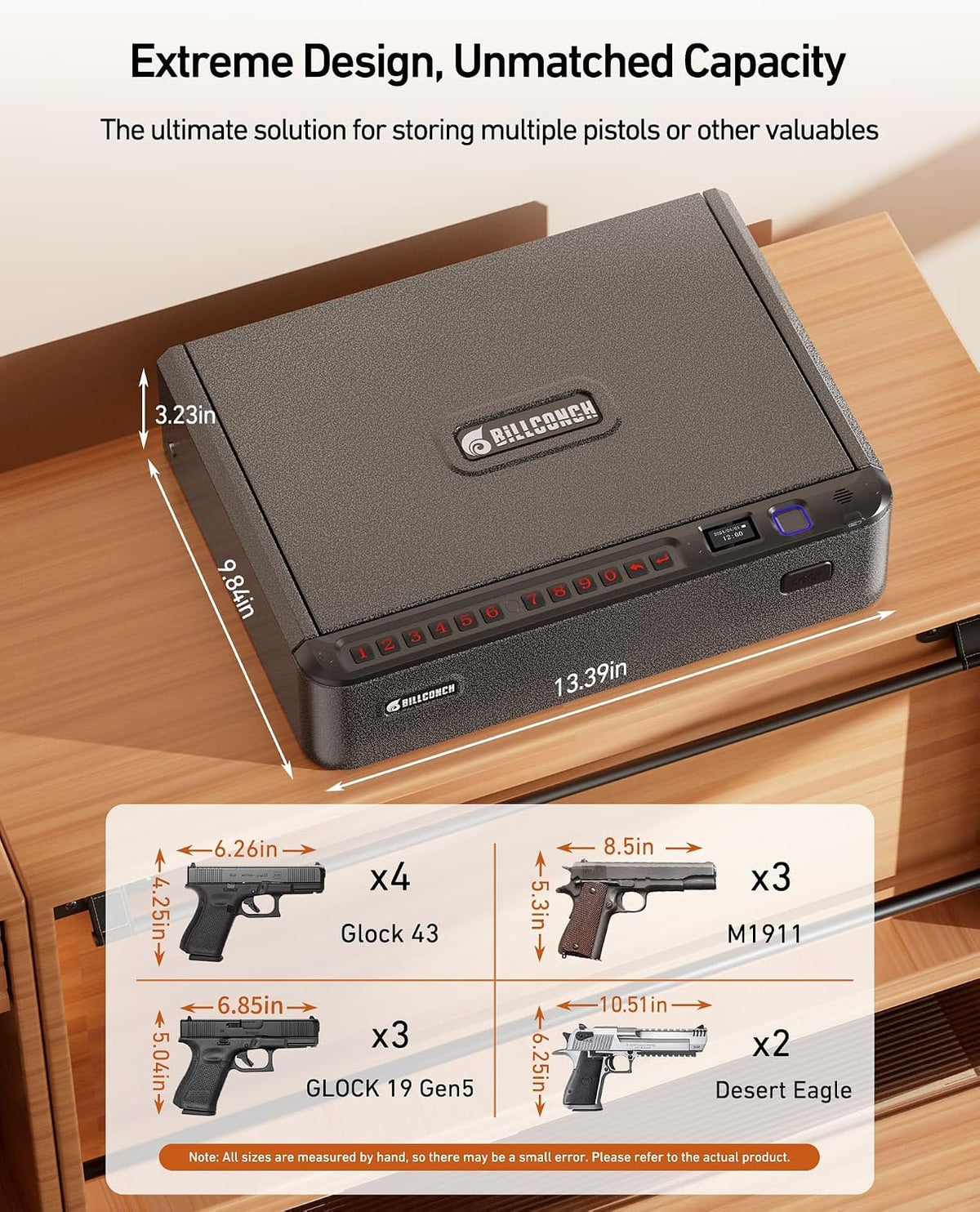 BILLCONCH Smart Gun Safe with Fingerprint. App. Keypad.LCD& Security Cable | Steel Handgun Safe with 4 Quick-Access Methods. Voice Guidance. Built-in LED Light. Ideal for Nightstand. Bedside and Home