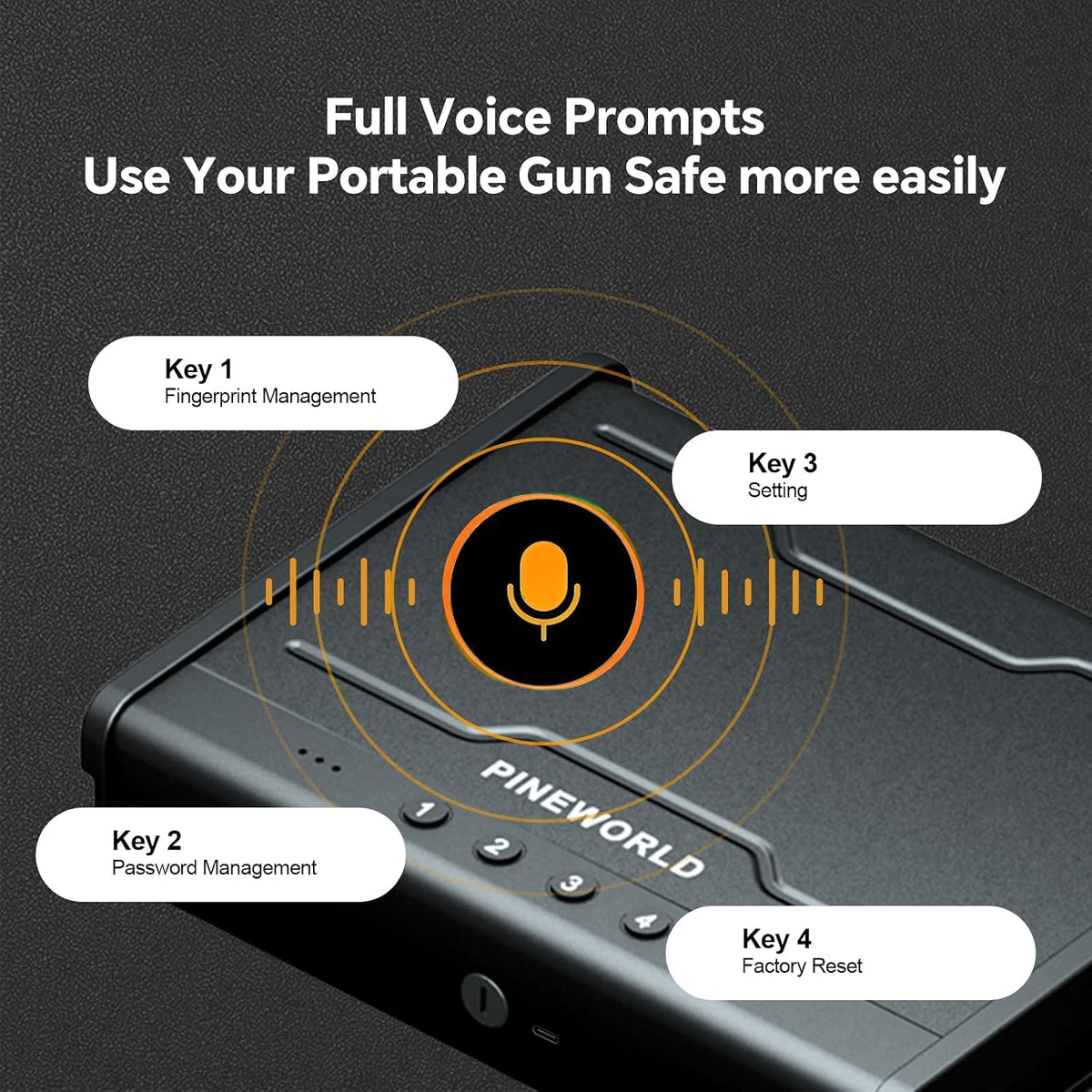 PINEWORLD Biometric Fingerprint Handgun Safe with Raised Backlit Keypad&Key | Interior Light & Emergency Power Supply& Voice Navigation & Mute Mode. With Cable For Home. Nightstand. Car.Travel. Nice Gift