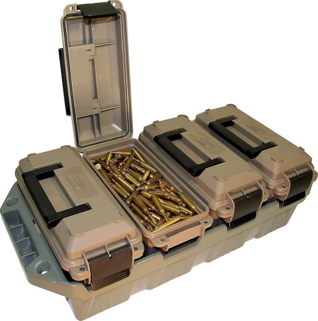 MTM AC4C 4-Can Ammo Crate. 30 Caliber. Dark Earth/Army Green | Convenient size. Stackable. Easy Carry and Transport of 30 Caliber Ammo. Rugged Tactical Carrying Crate. USA Made