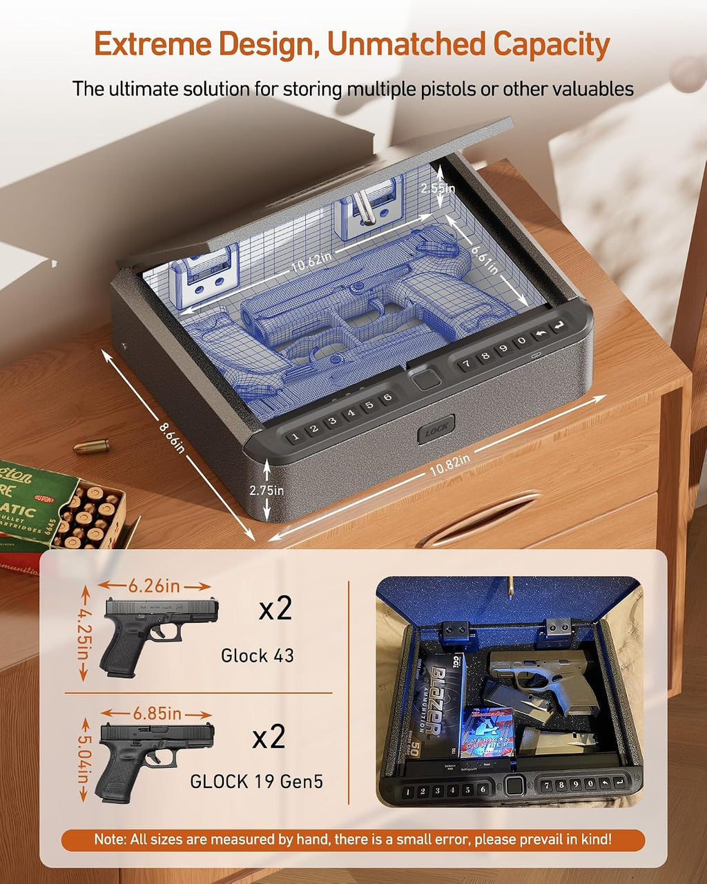 BILLCONCH Gun Safe for Handgun with Fingerprint. App. 0–9 Numeric Keypad | Smart Pistol Safe with 4 Quick-Access Methods. Built-in LED Light. Ideal Steel Biometric Handgun Safe for Nightstand and Home