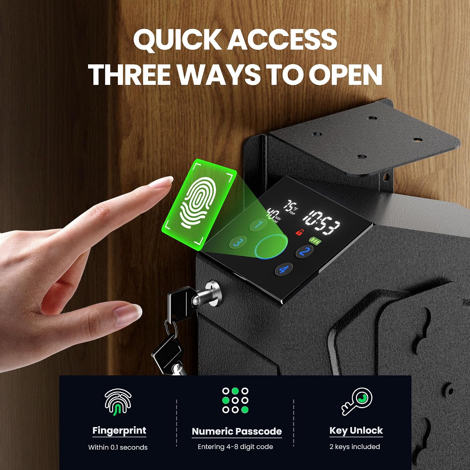 KornerBatl Quick Access Biometric Bedside Gun Safe for handgun | 2 in 1 Mounted Drop Down Nightstand Pistol Safe with Fingerprint & Passcode & Key 3 Ways. Birthday Gifts for Men