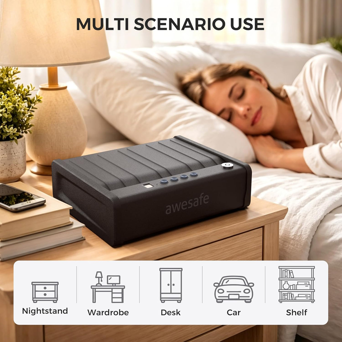 awesafe Biometric Gun Safe. Pistol Safe with Fingerprint Digital PIN Key | Quick Access Handgun Safe. Portable Car Gun Safe. Gun Lock Box with Gas Strut for Nightstand Bedside Cloakroom Living Room