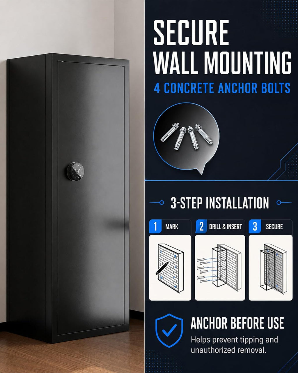 KAER Biometric Gun Safe for Rifles and Pistols. 12-15 Rifle Safe Quick Access (Fits Scoped Rifles) with 24/7 Burglar Alarm. Adjustable Shelves & Pistol Pockets. Gun Cabinet for Home. Office