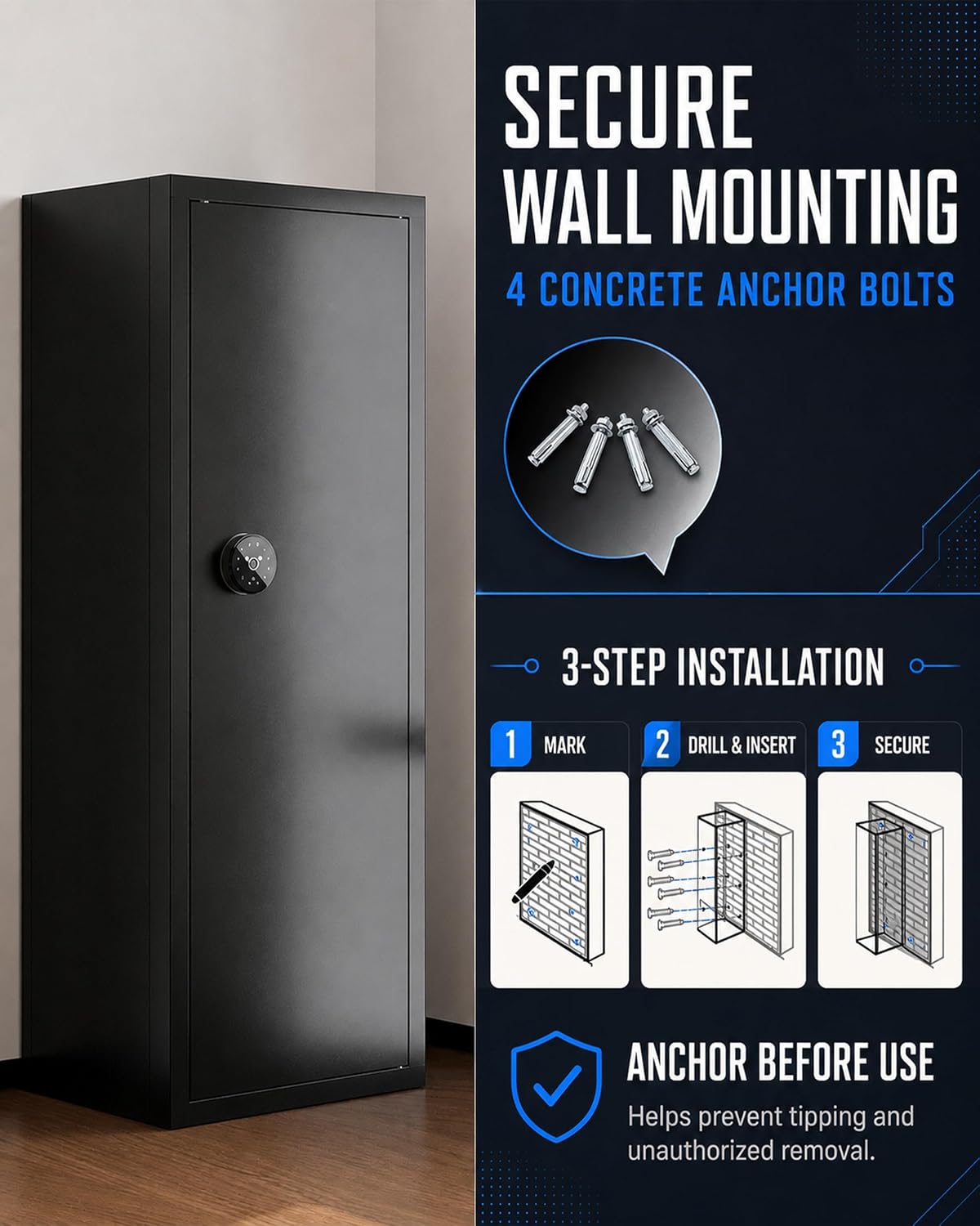 KAER Biometric Gun Safe for Rifles and Pistols. 12-15 Rifle Safe Quick Access (Fits Scoped Rifles) with 24/7 Burglar Alarm. Adjustable Shelves & Pistol Pockets. Gun Cabinet for Home. Office