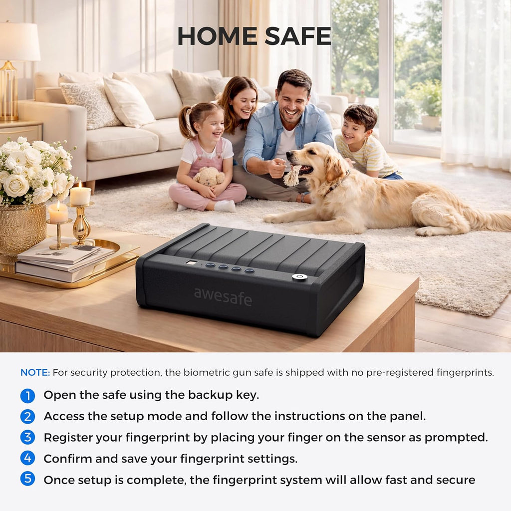 awesafe Biometric Gun Safe. Pistol Safe with Fingerprint Digital PIN Key | Quick Access Handgun Safe. Portable Car Gun Safe. Gun Lock Box with Gas Strut for Nightstand Bedside Cloakroom Living Room